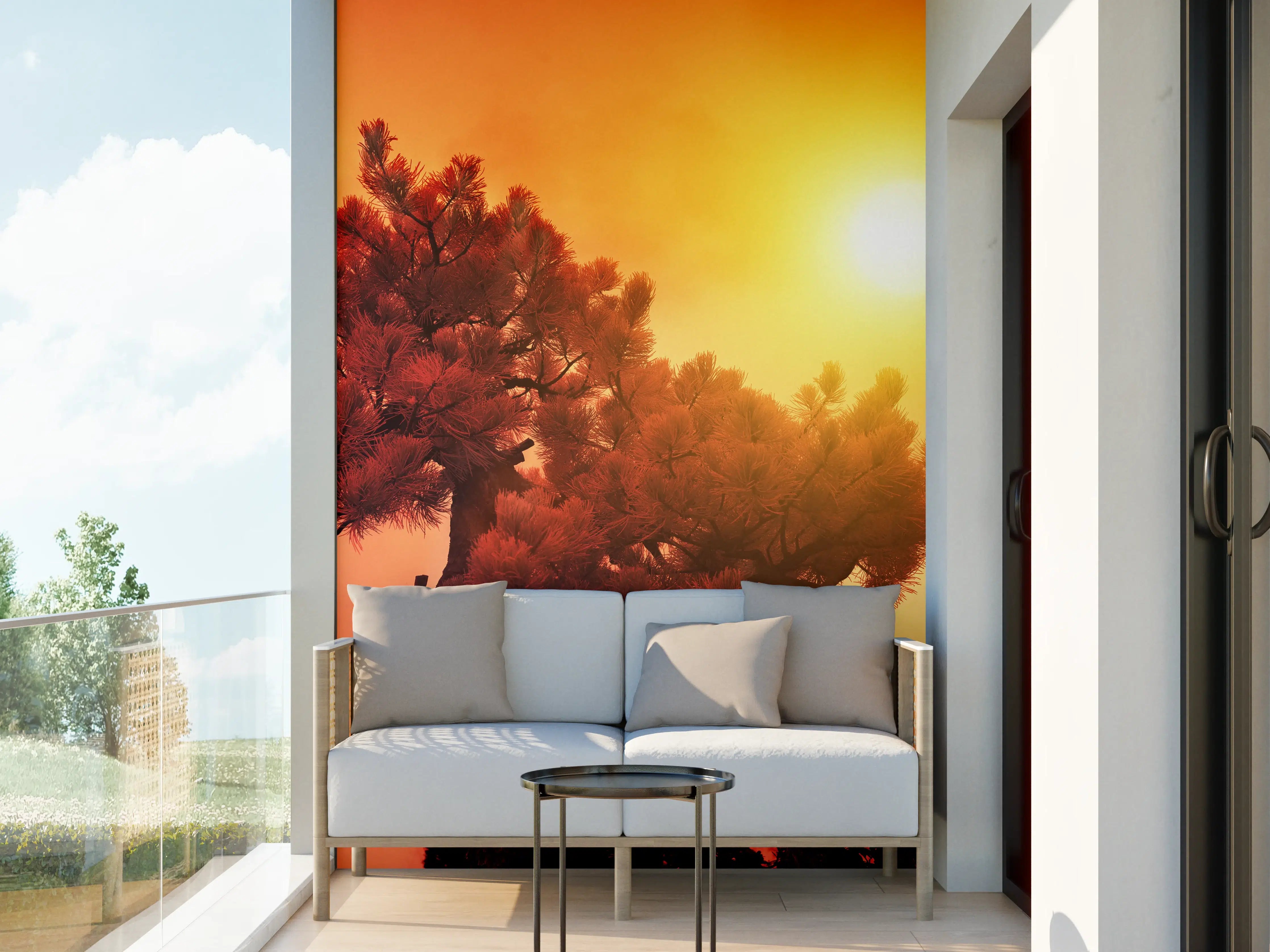 Wandverkleidung außen - Sanfte Sonnenuntergangsszene mit Baum