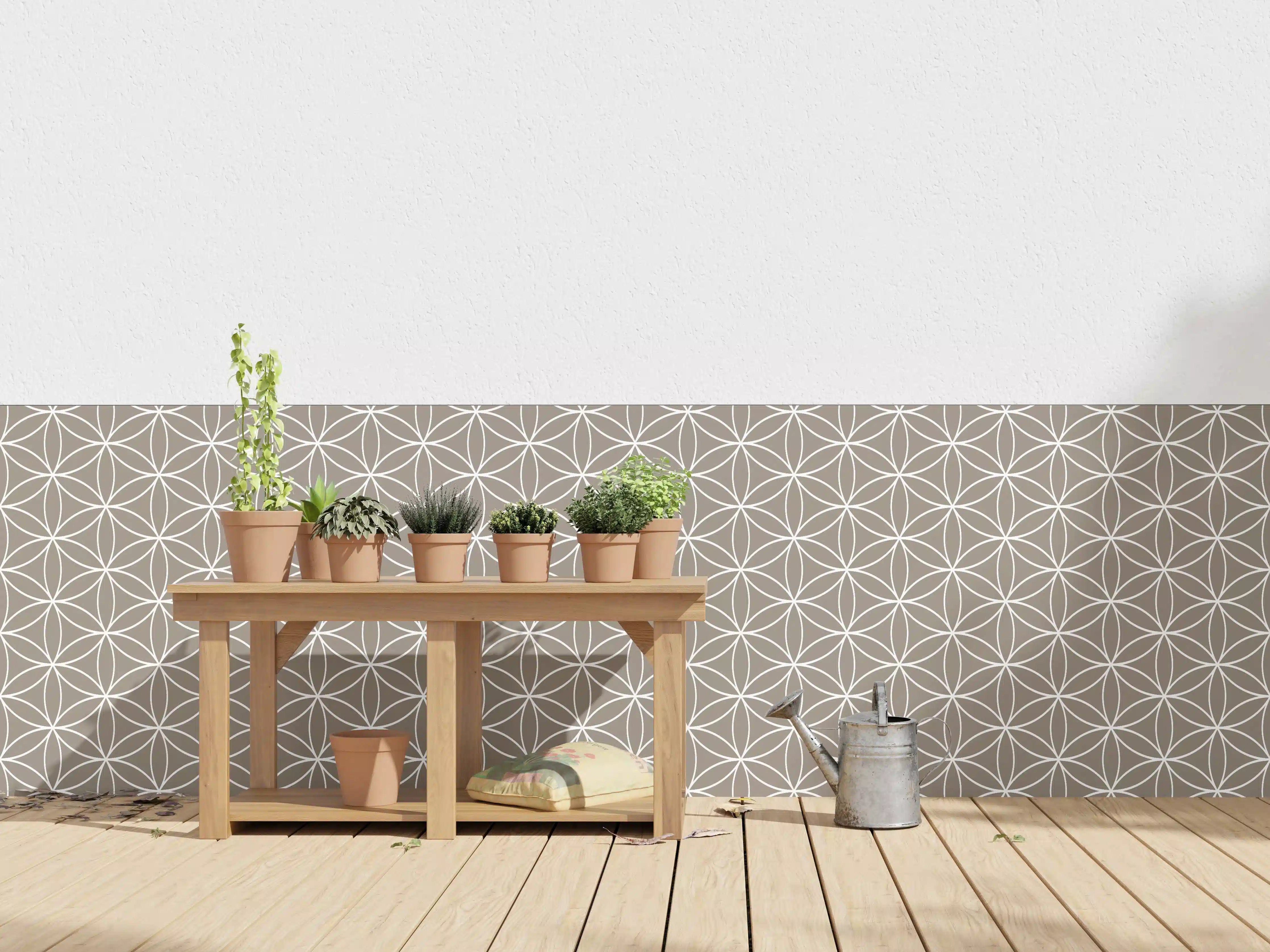 Wandverkleidung außen - Sanfte geometrische Mustertapete in Taupe