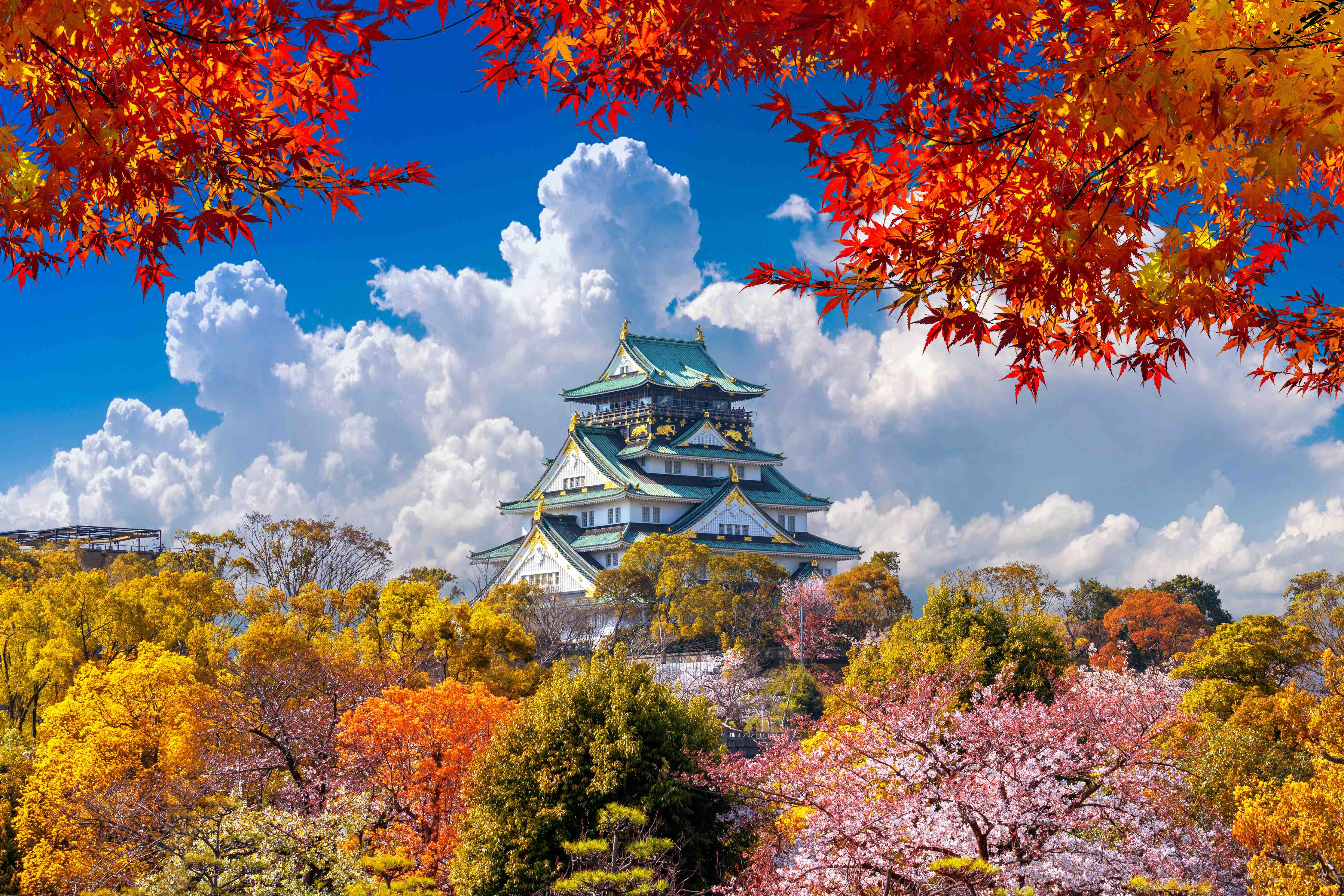 Wandverkleidung außen-Schloss Osaka im Herbst