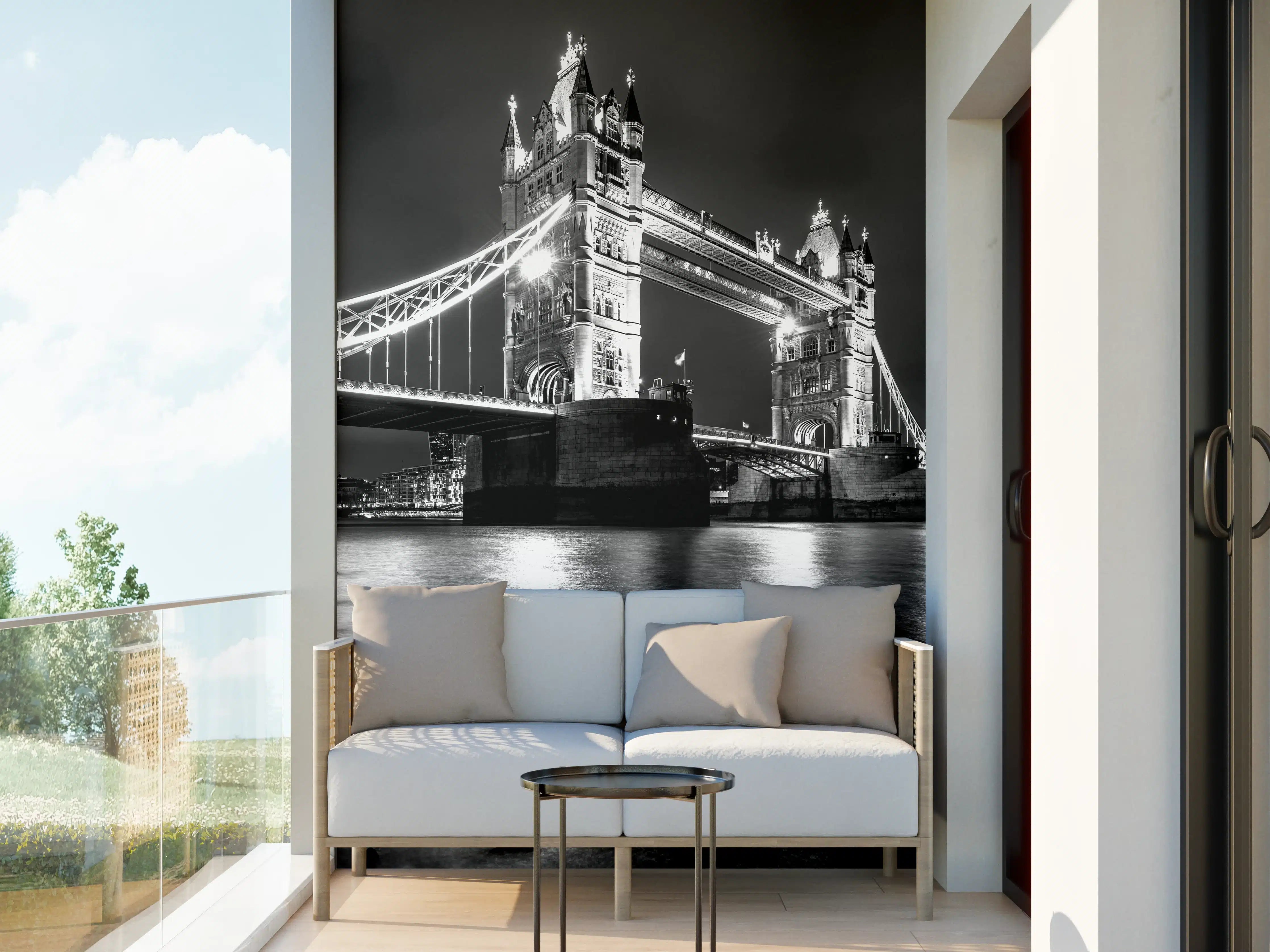 Wandverkleidung außen - Schwarz-Weiß-Bild von Tower Bridge bei Nacht