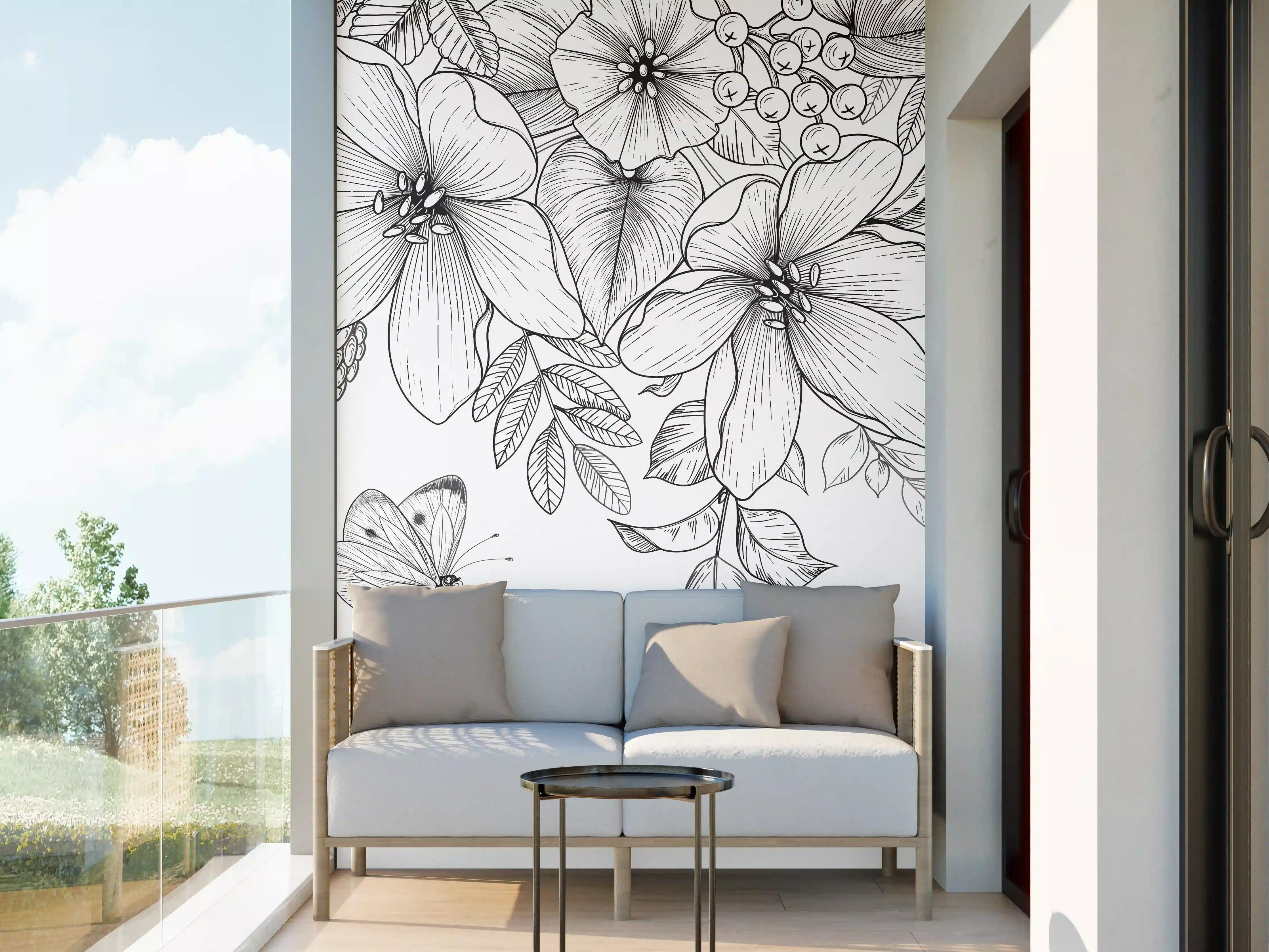 Wandverkleidung außen - Schwarz-Weiß Floralzeichnung