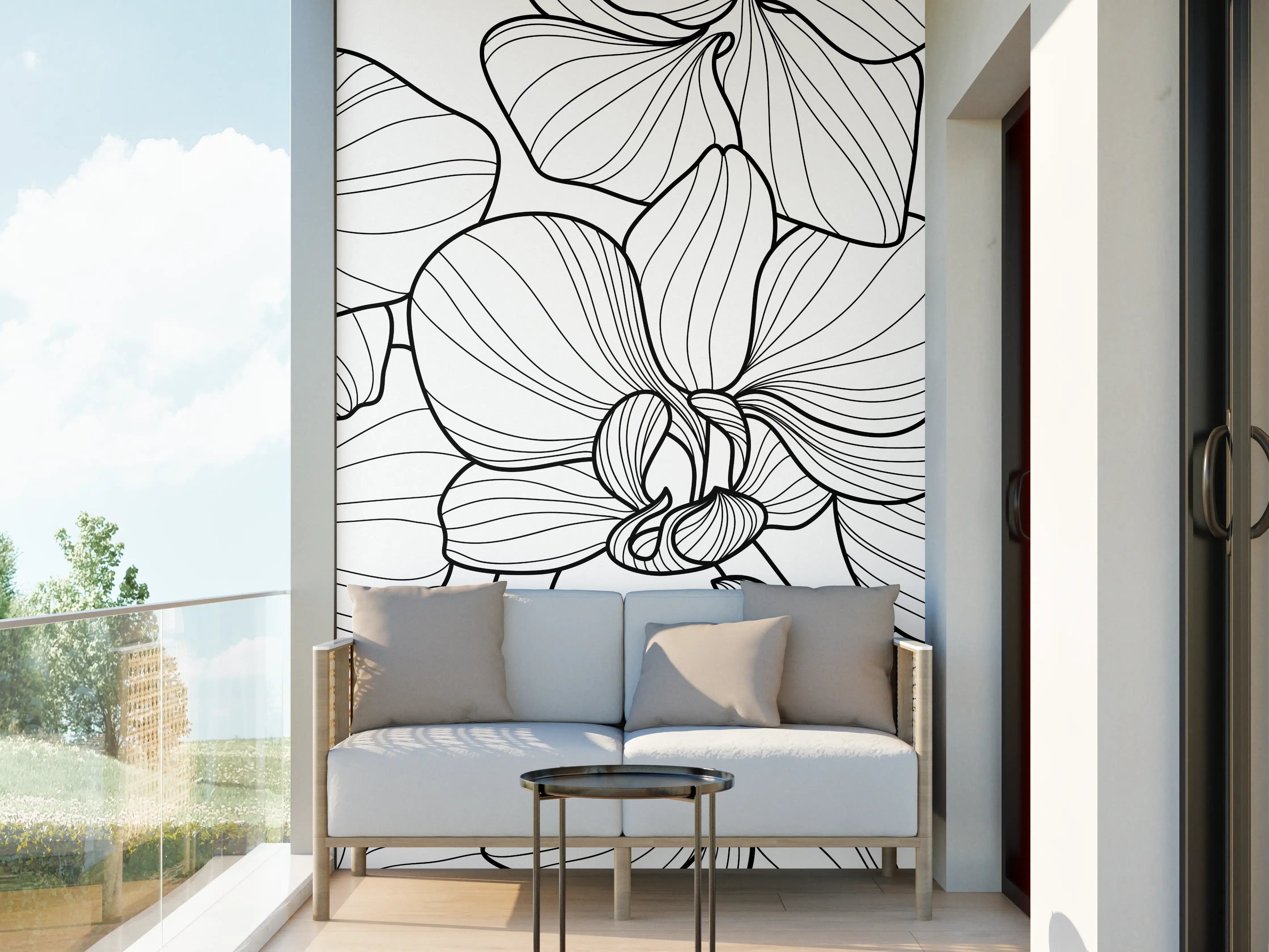 Wandverkleidung außen - Schwarz-Weiß Orchideenzeichnung