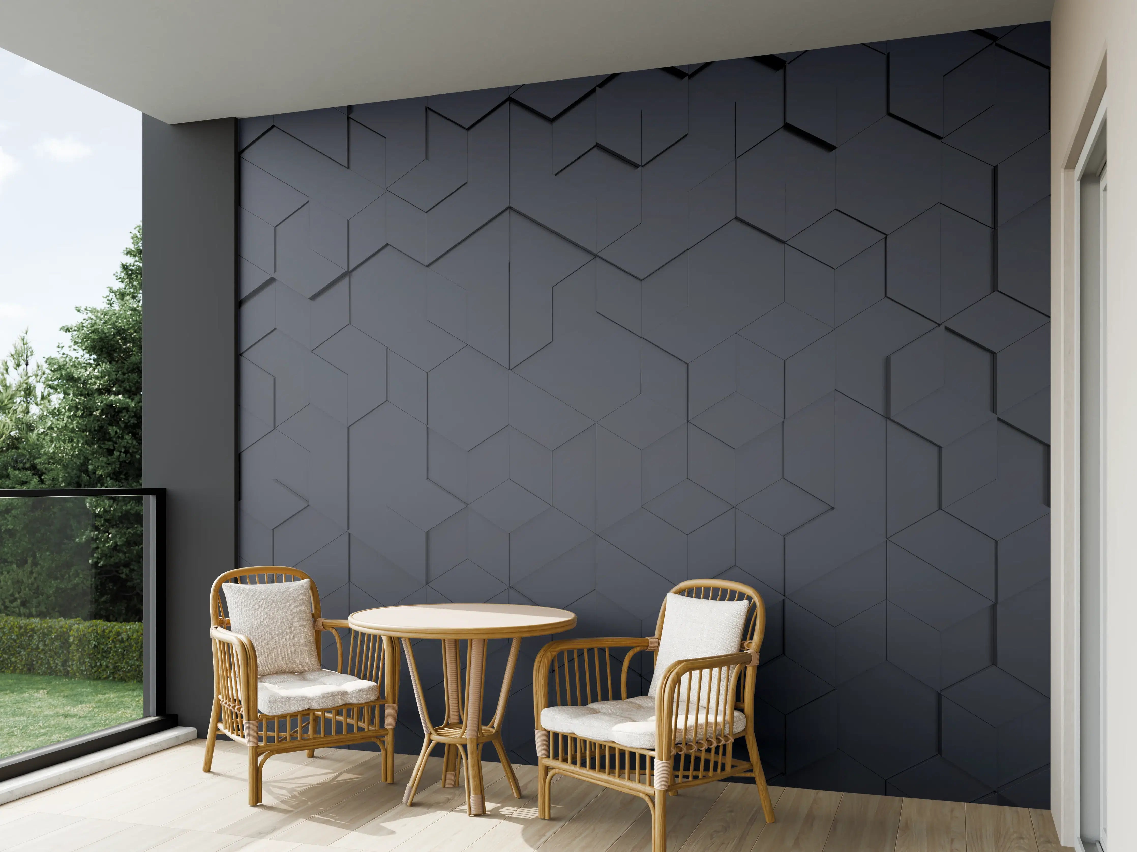 Wandverkleidung außen - Schwarze Hexagon-Tech-Struktur