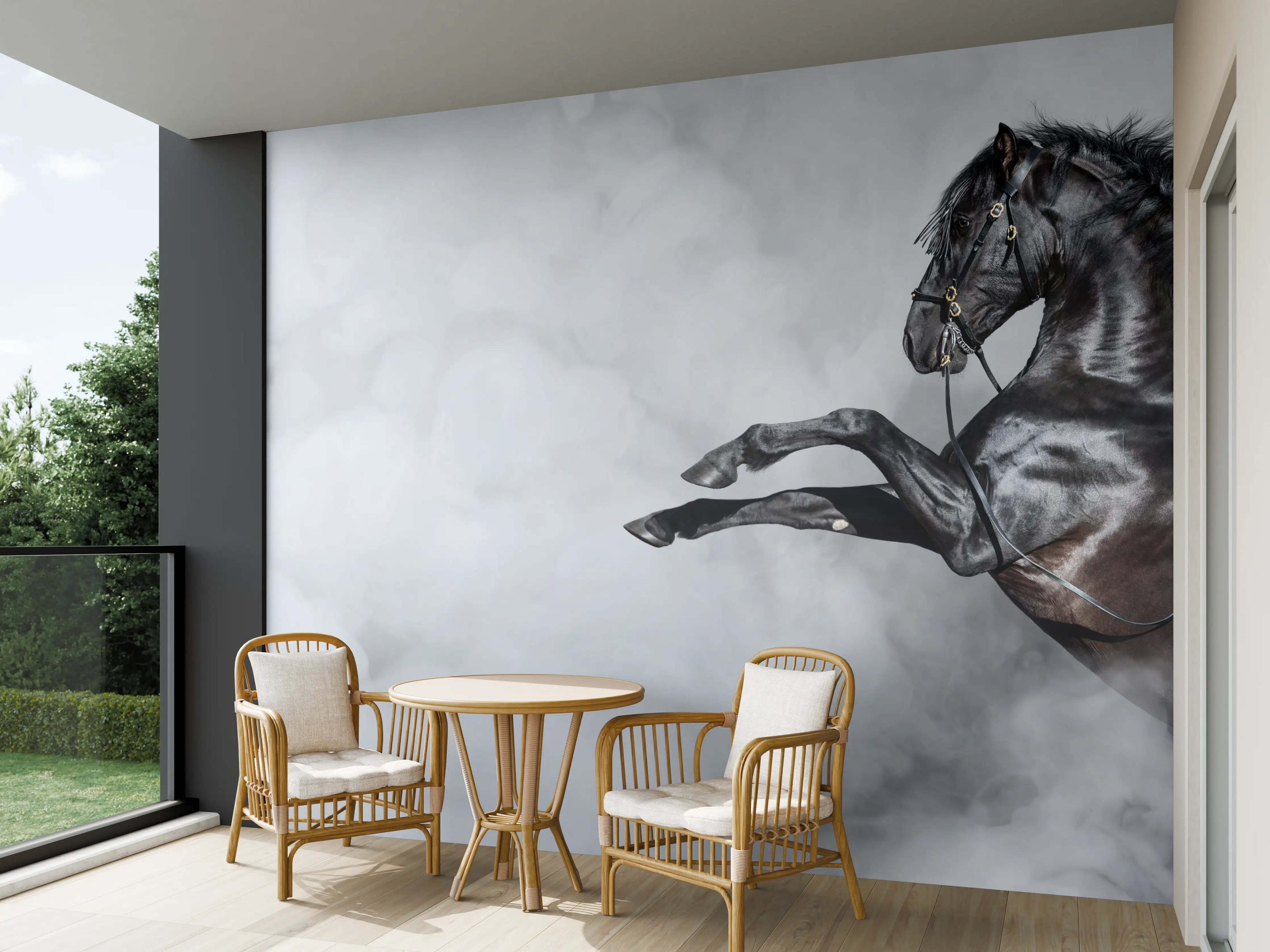 Wandverkleidung außen - Schwarzes Pferd im Nebel Kunstbild