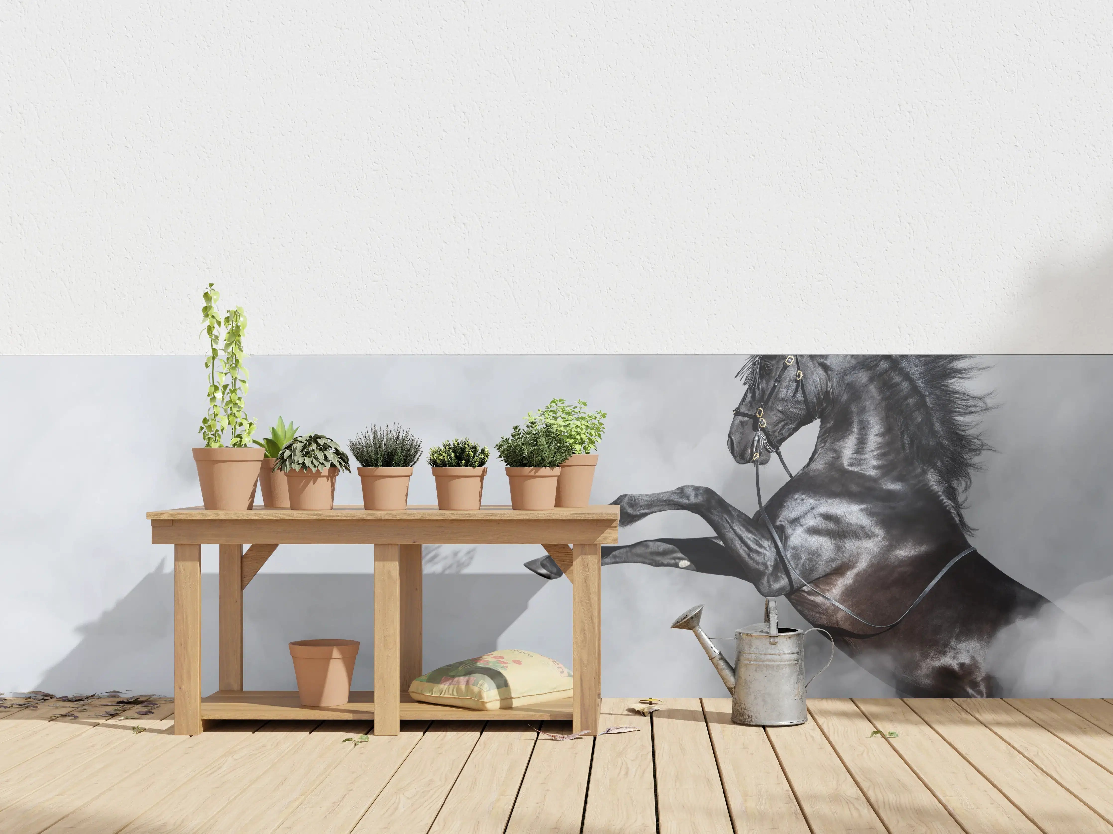 Wandverkleidung außen - Schwarzes Pferd im Nebel Kunstbild