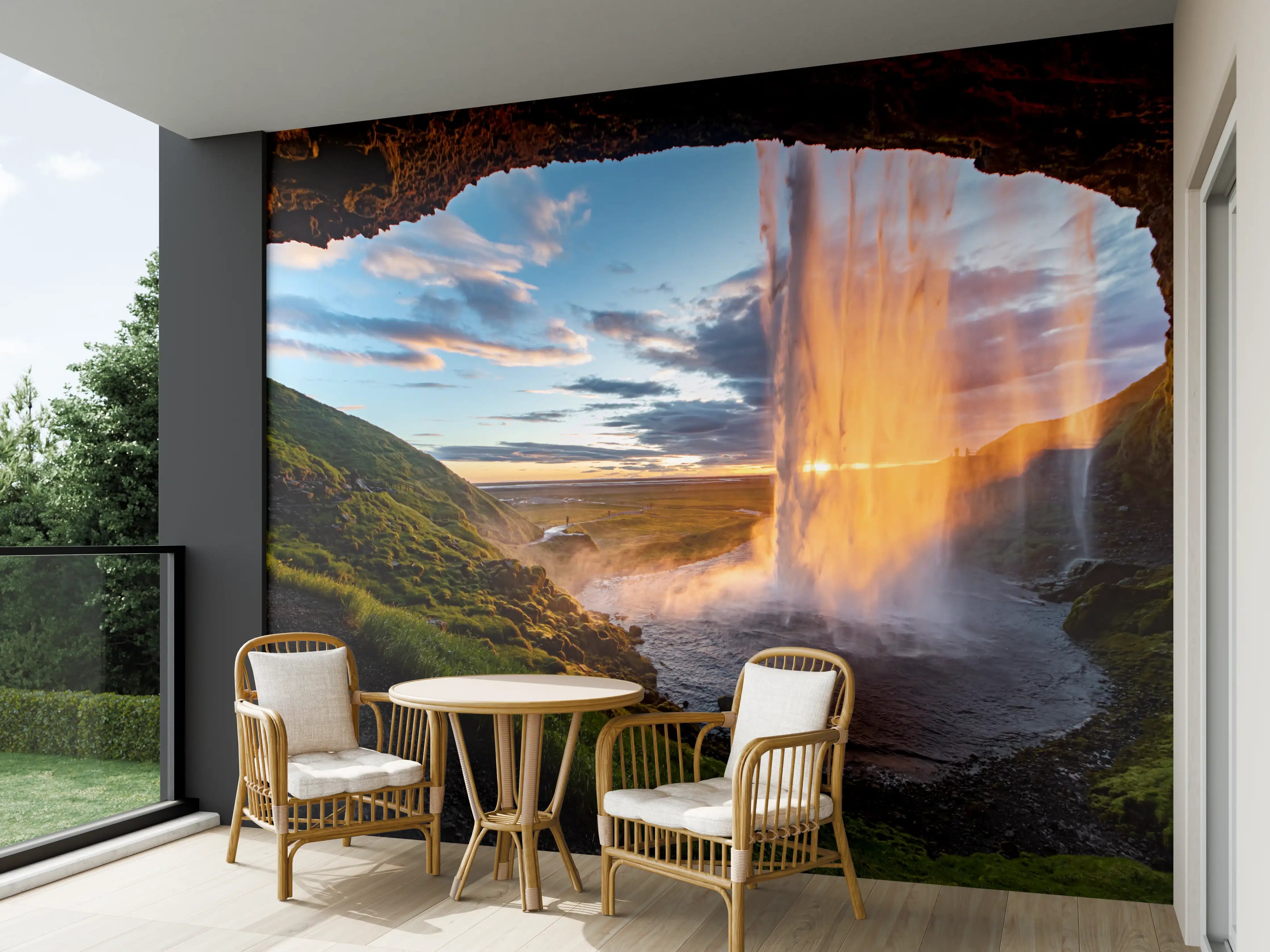 Wandverkleidung außen - Seljalandsfoss Wasserfall in Island bei Sonnenuntergang