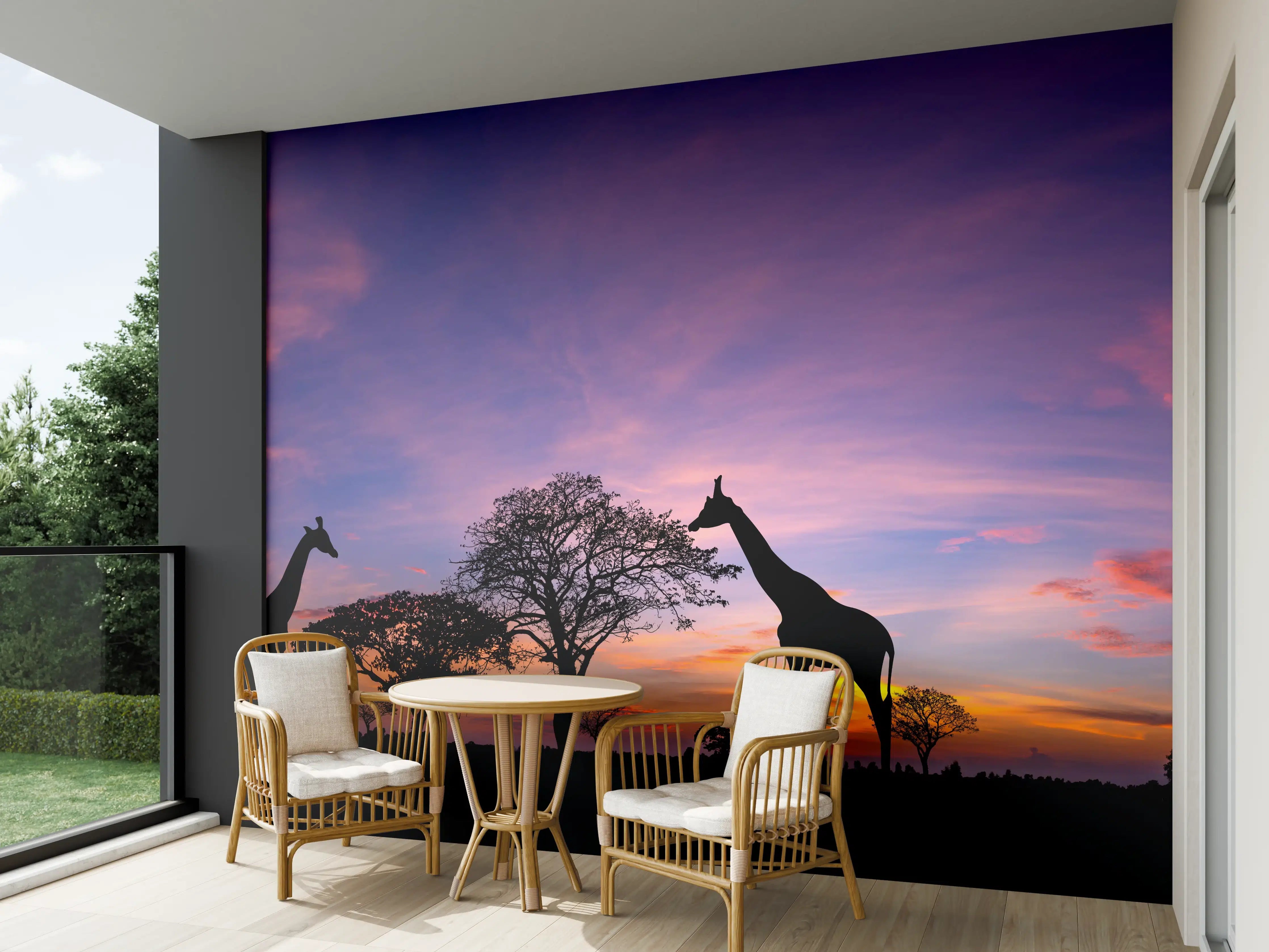 Wandverkleidung außen - Silhouette - Giraffenfamilie bei Sonnenuntergang