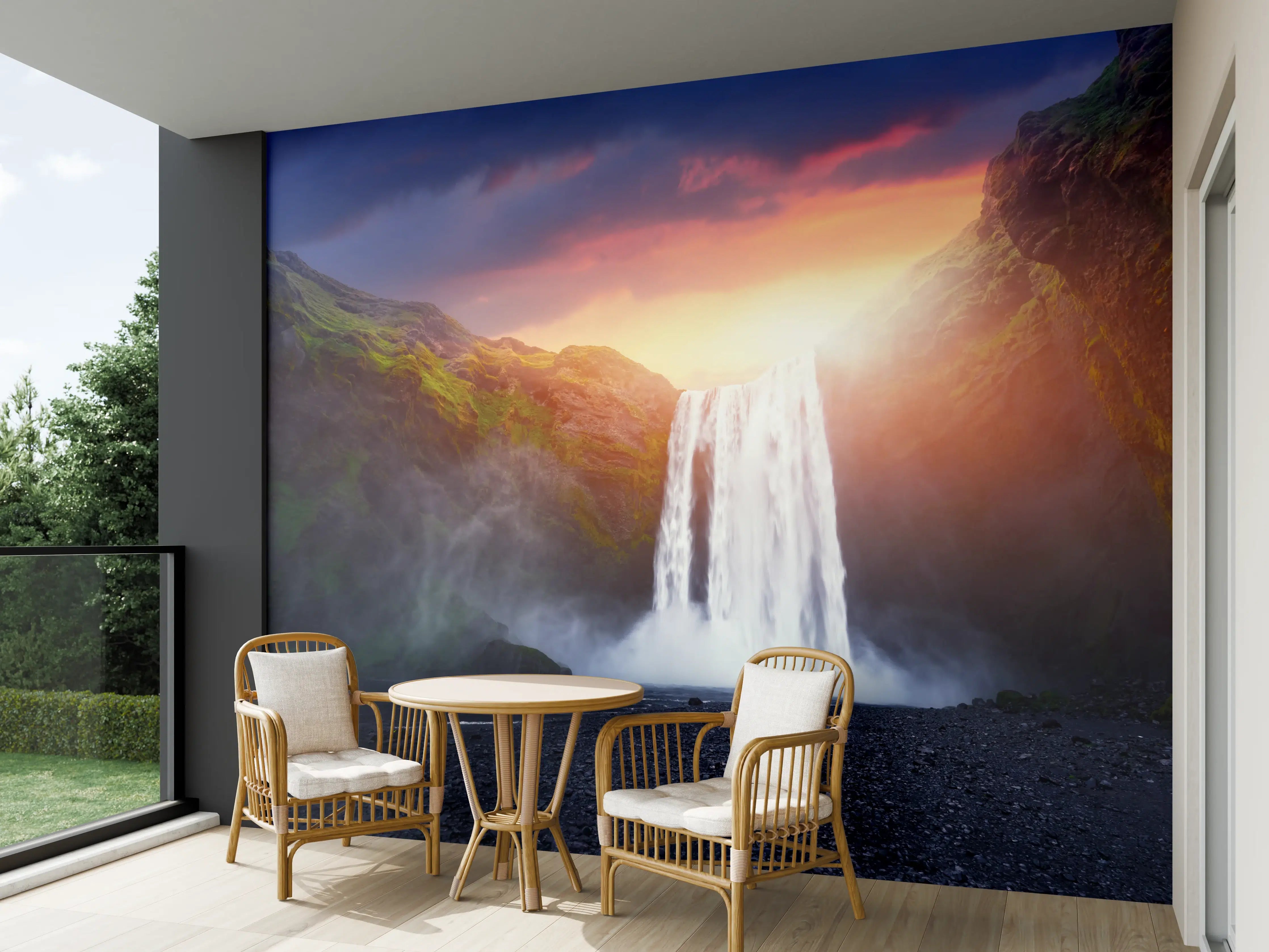 Wandverkleidung außen - Skogafoss Wasserfall bei Sonnenuntergang