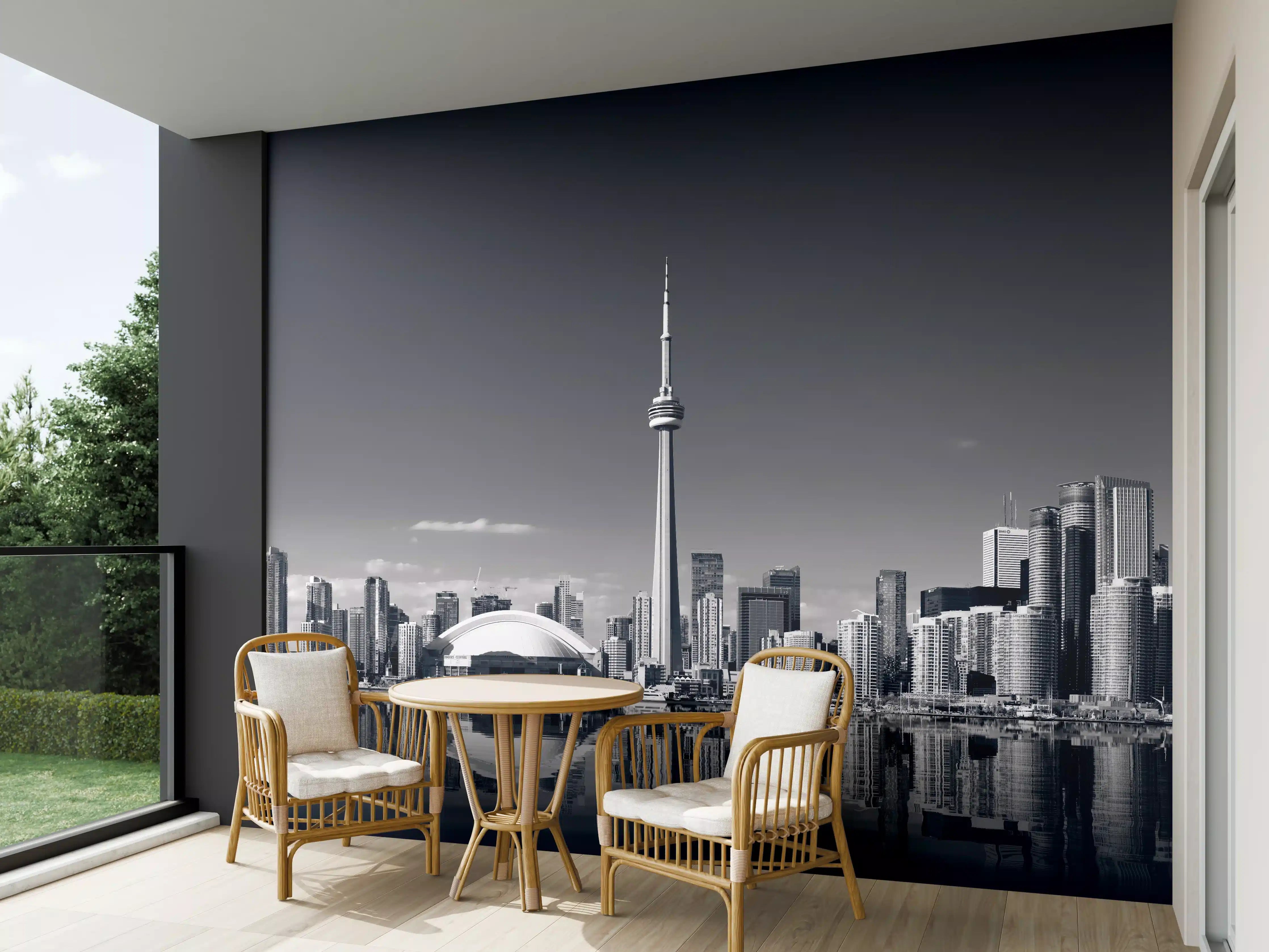 Wandverkleidung außen - Skyline von Toronto mit CN Turm in schwarz weiß