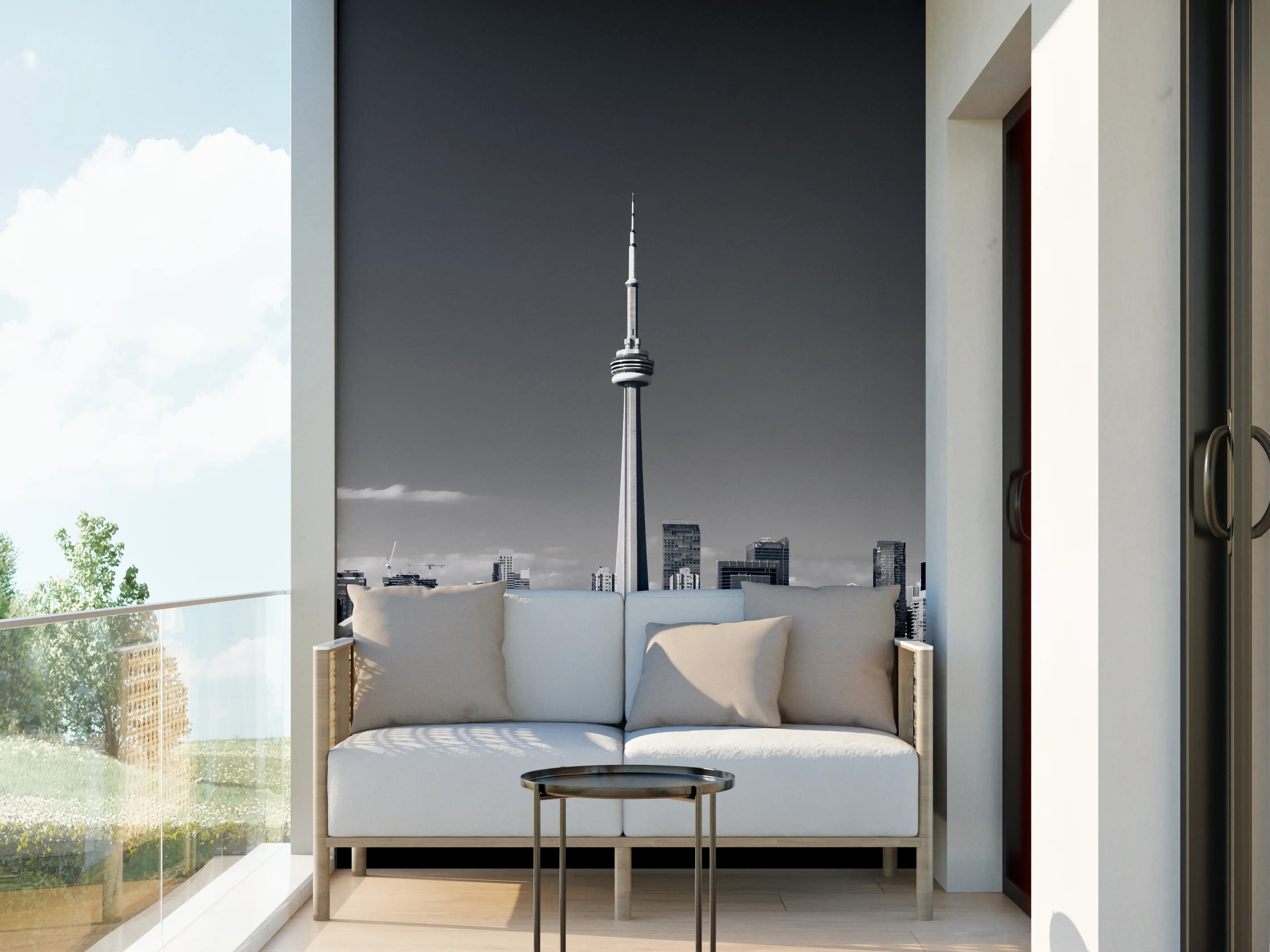 Wandverkleidung außen - Skyline von Toronto mit CN Turm in schwarz weiß