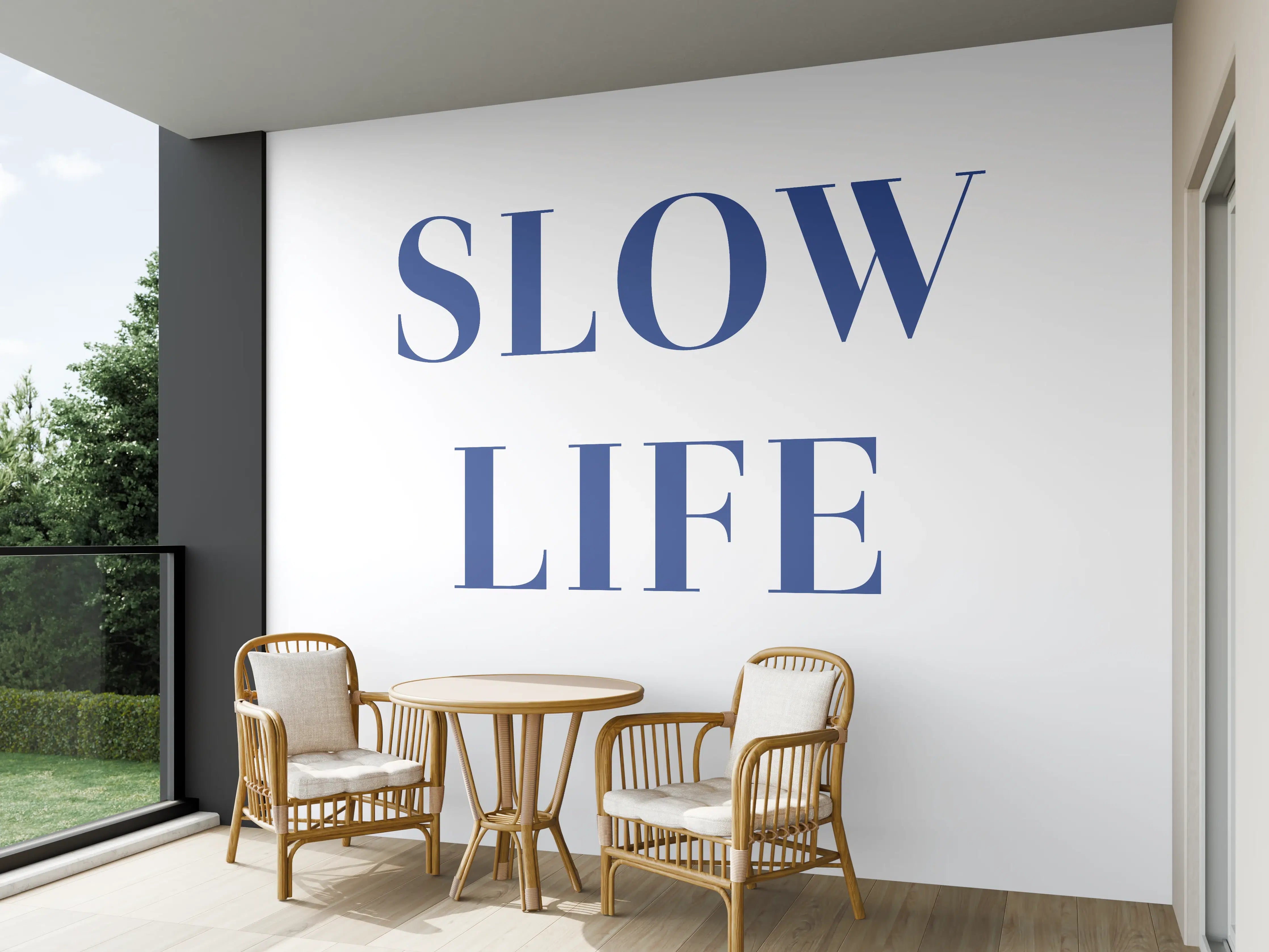 Wandverkleidung außen - Slow Life Text in Blau auf Weiß