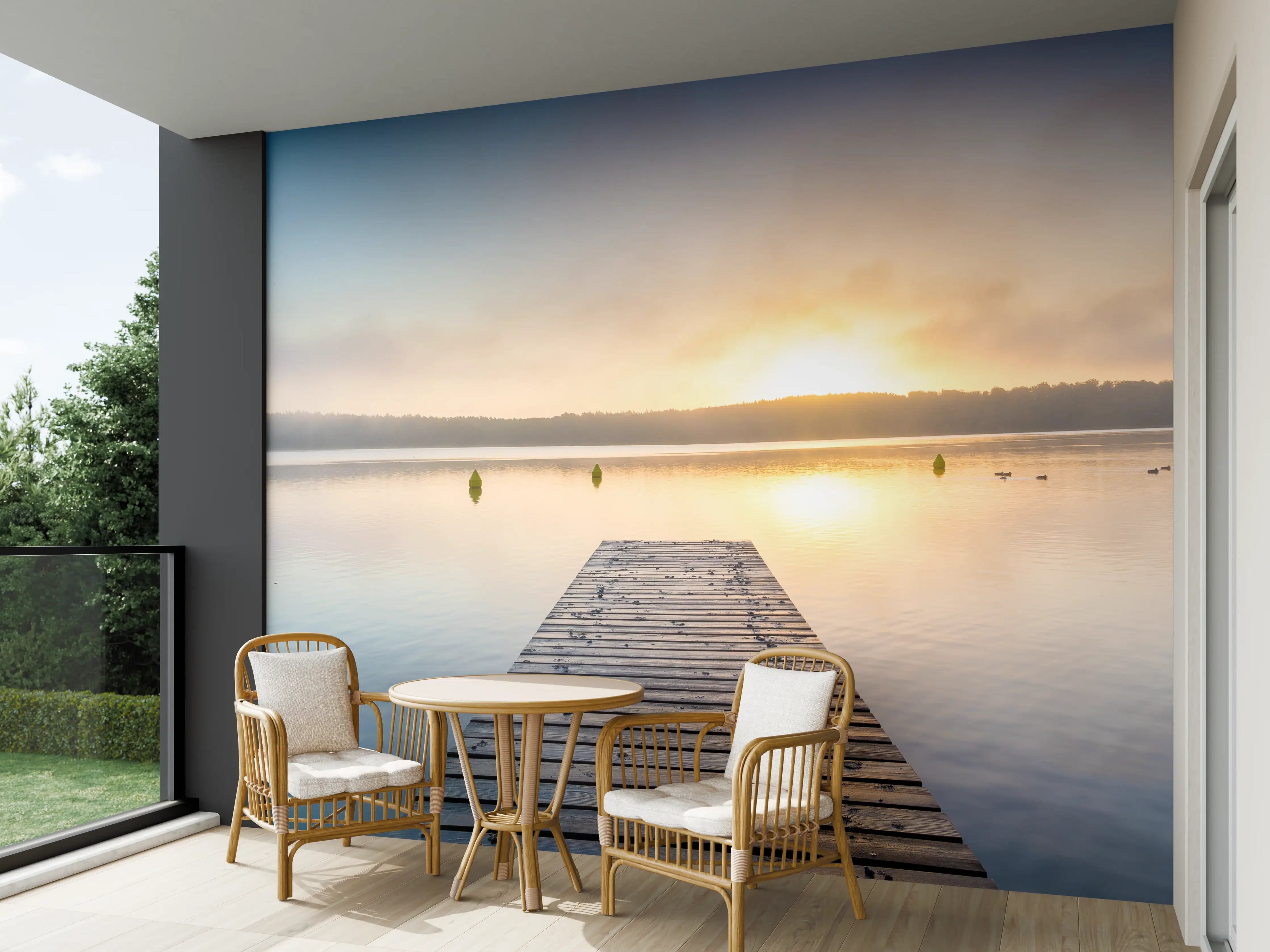 Wandverkleidung außen - Sonnenaufgang am See mit Nebel