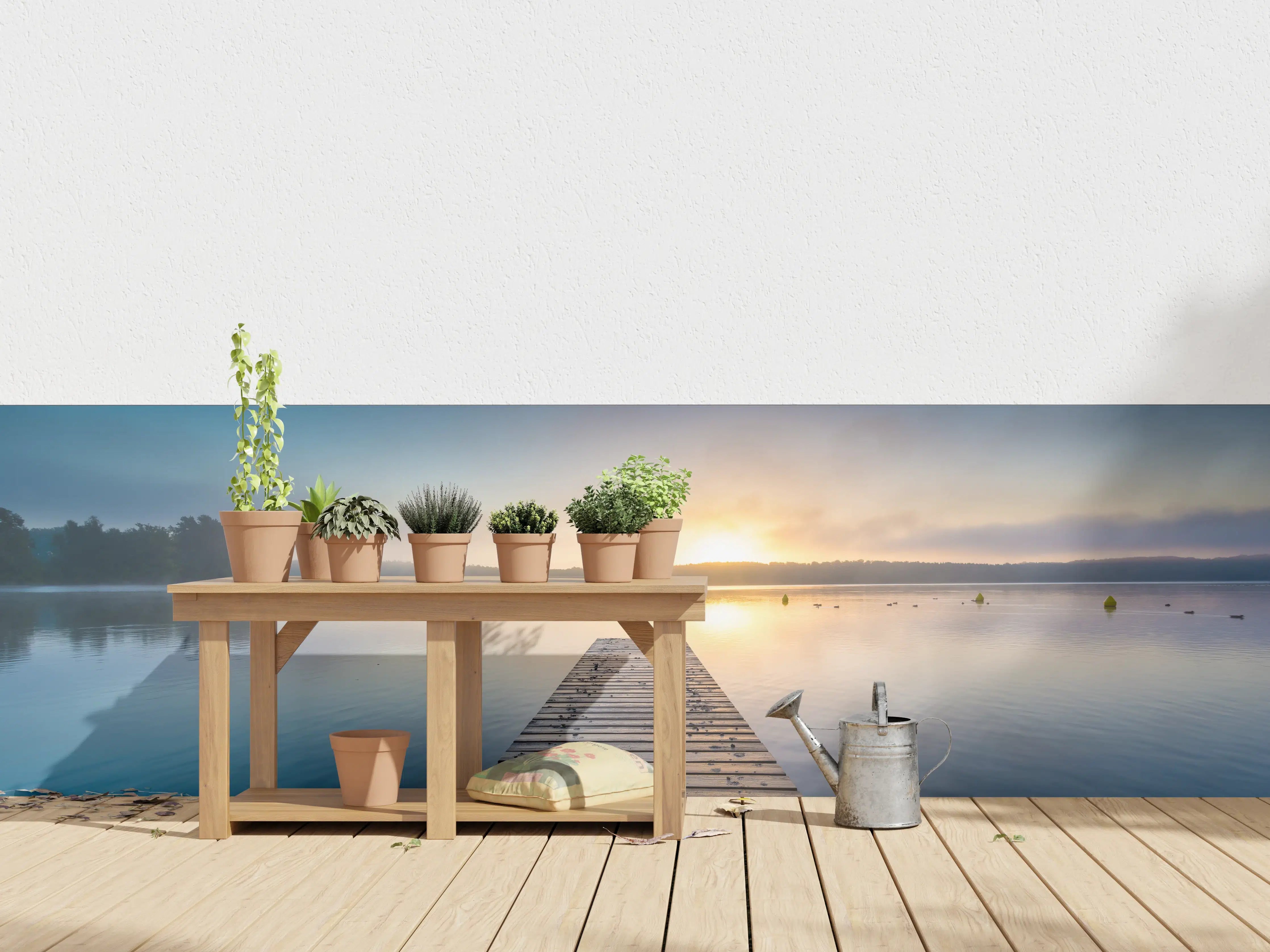 Wandverkleidung außen - Sonnenaufgang am See mit Nebel