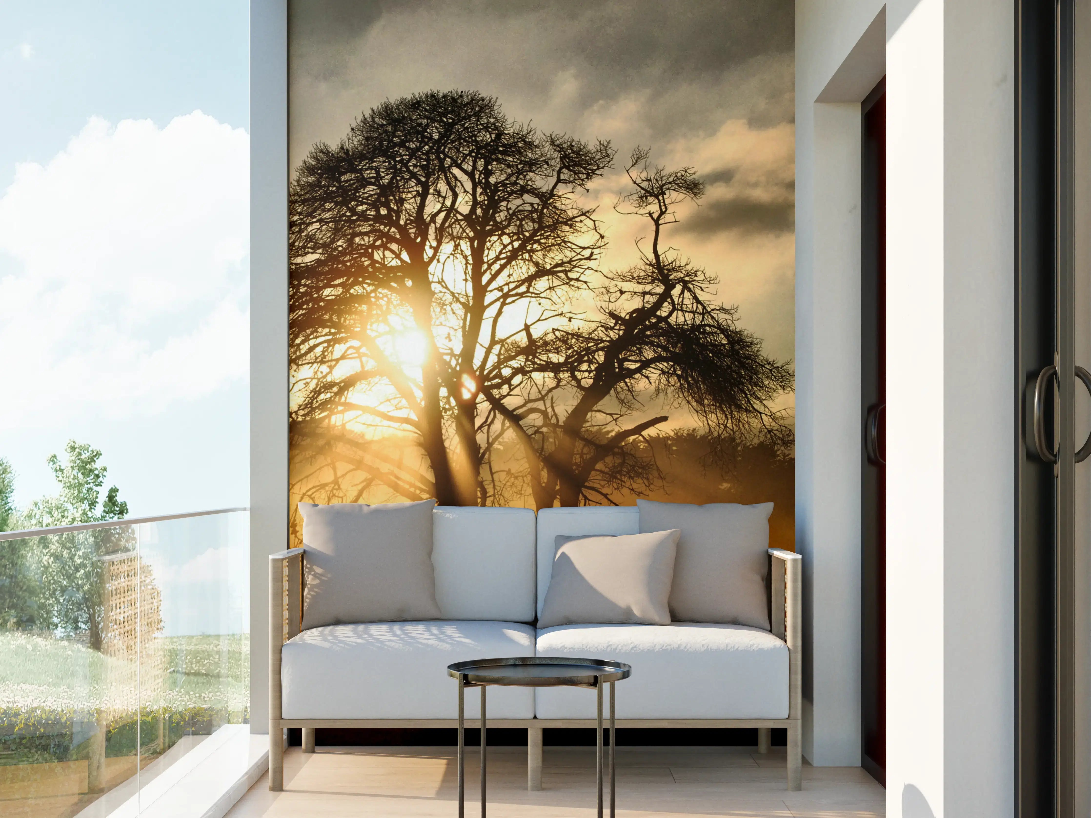 Wandverkleidung außen - Sonnenaufgang hinter Baum-Silhouette