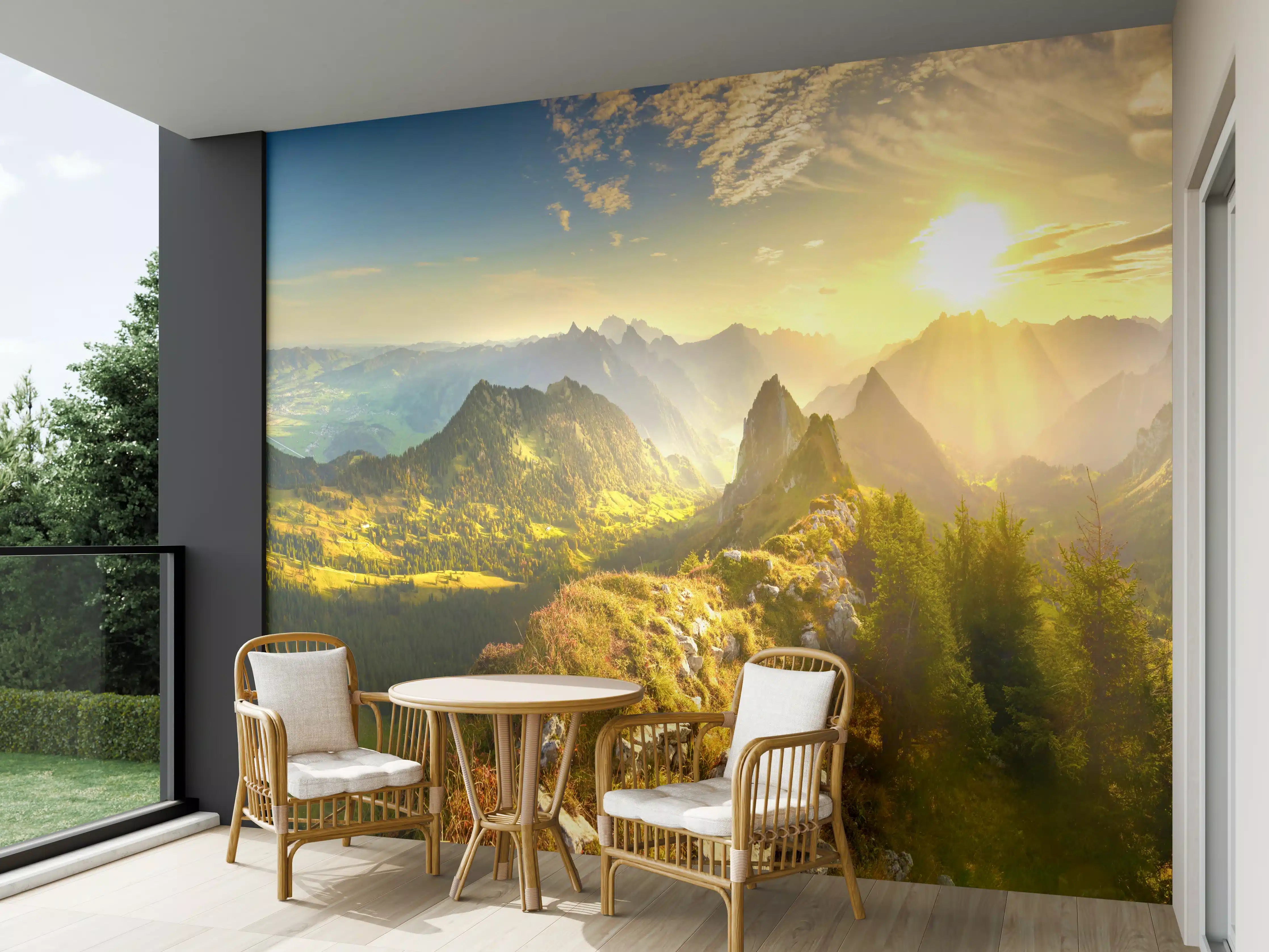 Wandverkleidung außen - Sonnenaufgang über Schweizer Tal