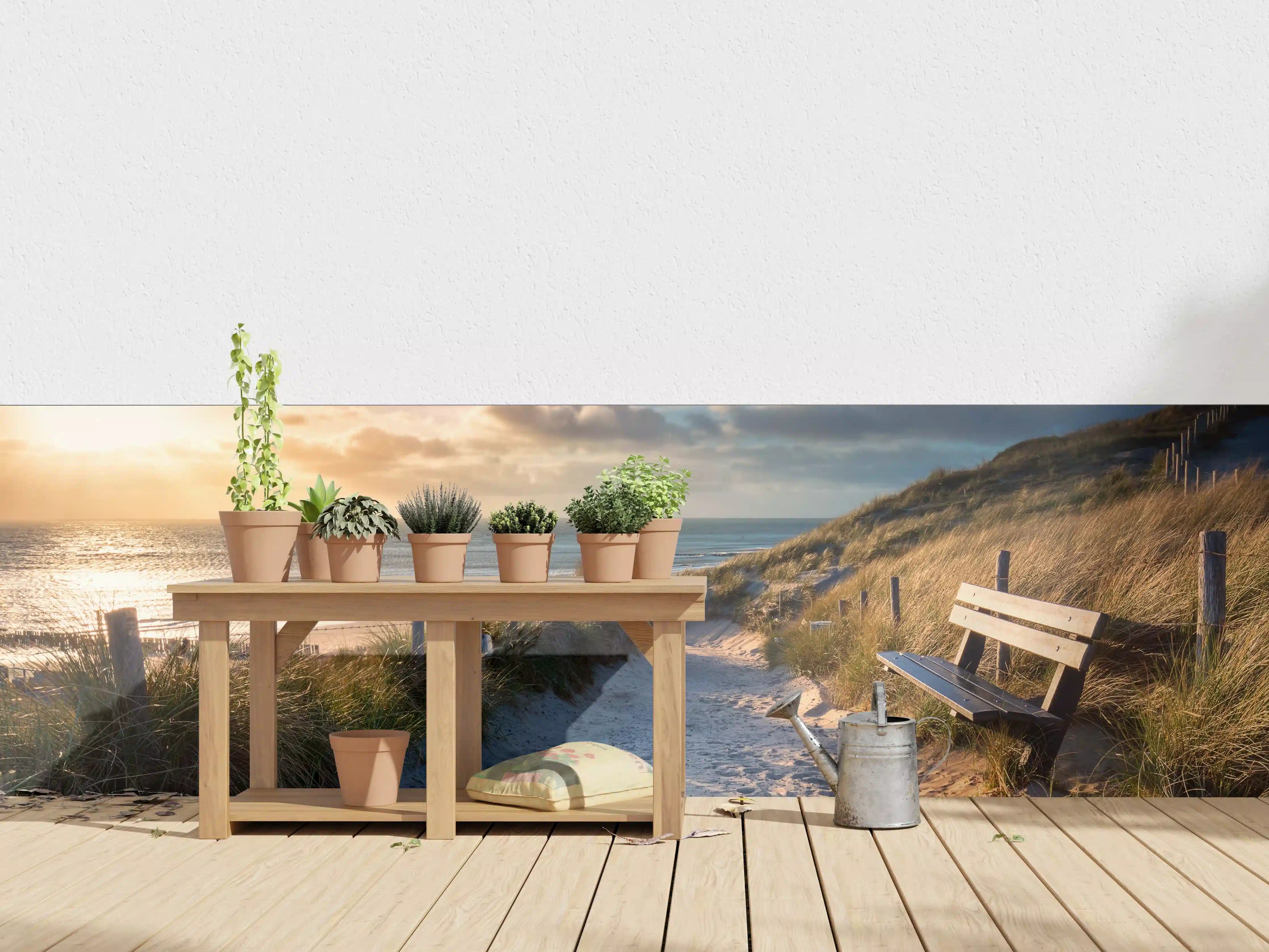 Wandverkleidung außen - Sonnenuntergang am Strand mit Sitzbank