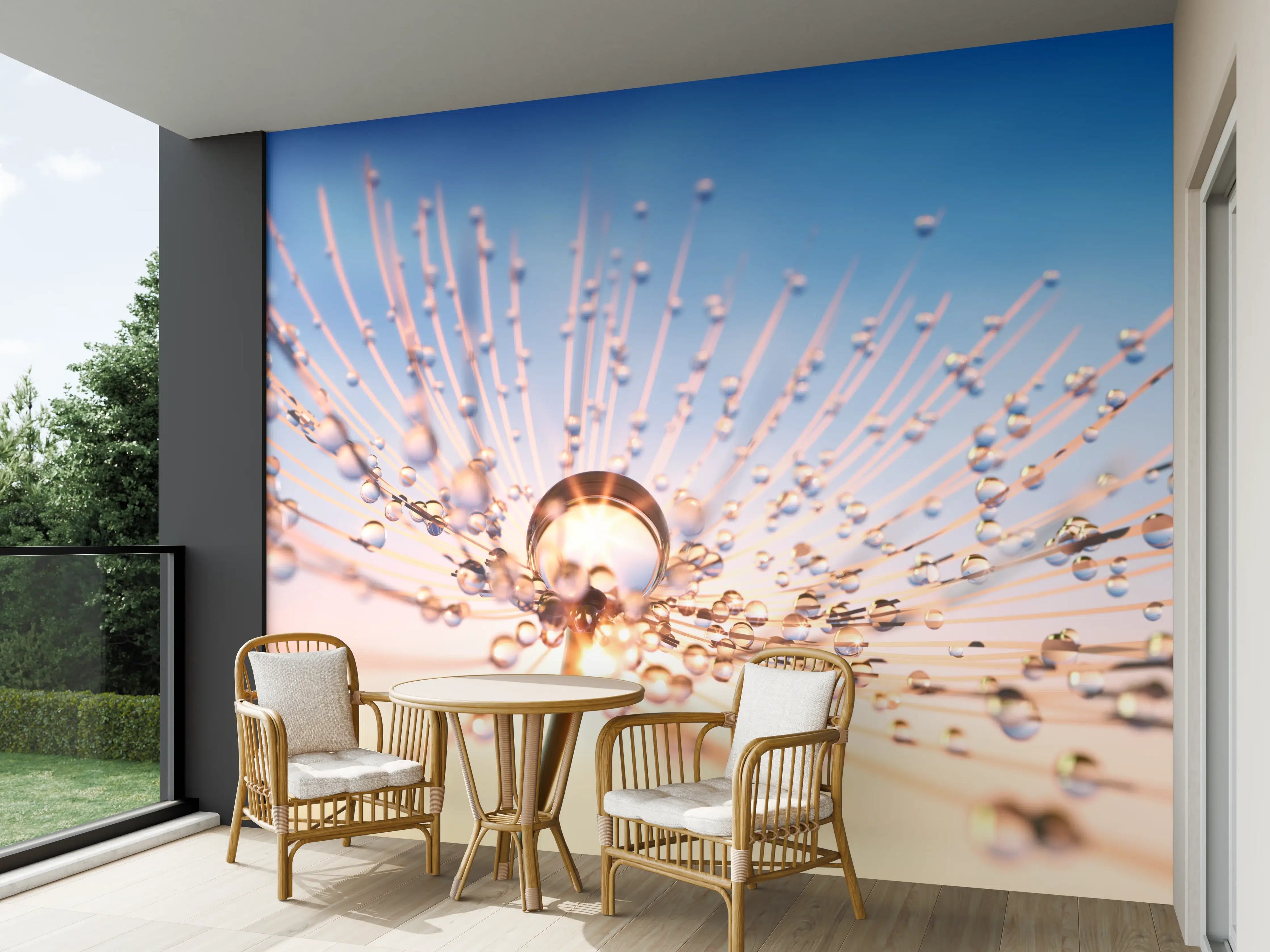 Wandverkleidung außen - Sonnenuntergang mit Wassertropfen und Blüte