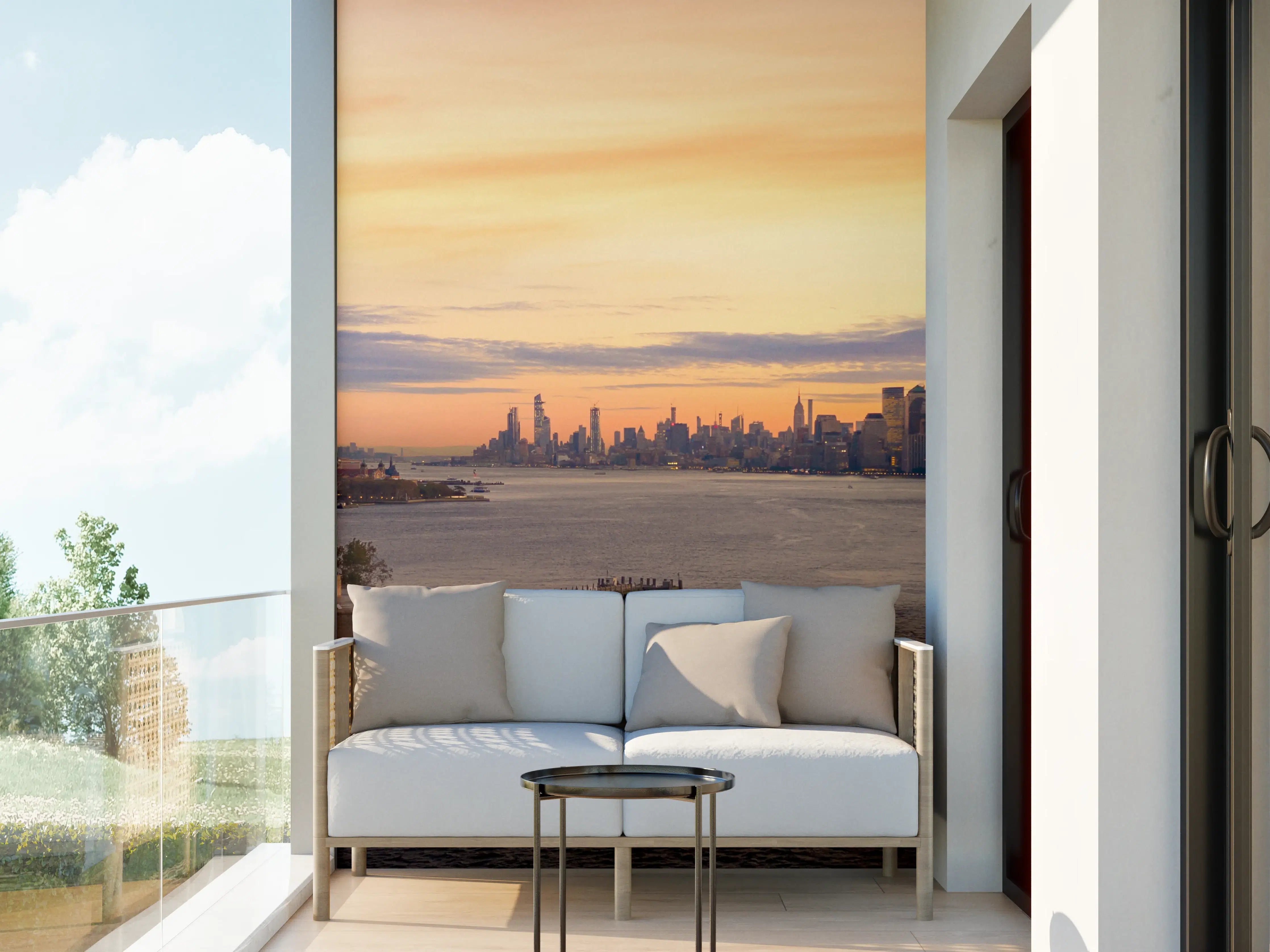 Wandverkleidung außen - Sonnenuntergang über New York mit Freiheitsstatue