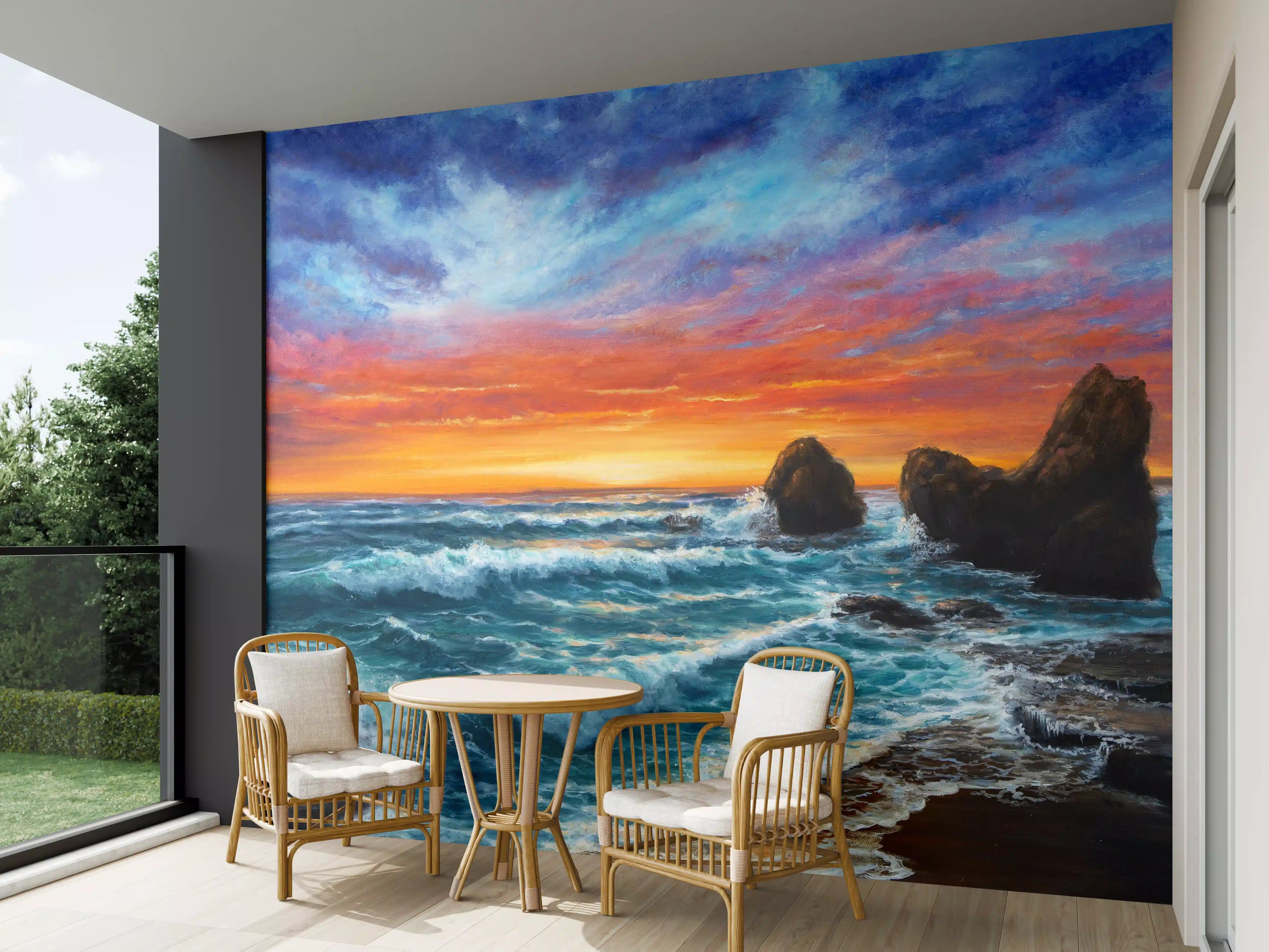 Wandverkleidung außen - Sonnenuntergang über dem Meer mit Felsen