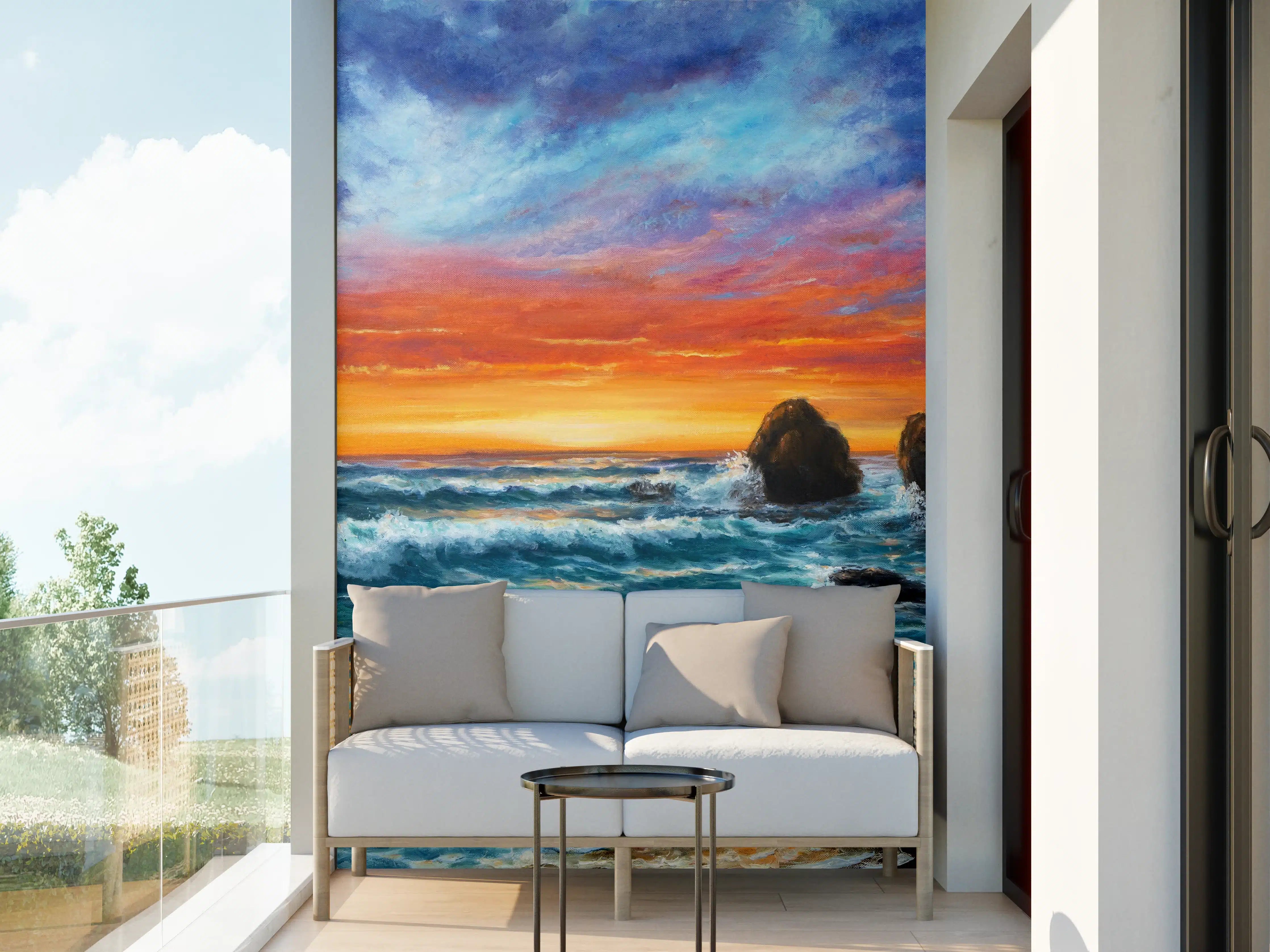 Wandverkleidung außen - Sonnenuntergang über dem Meer mit Felsen