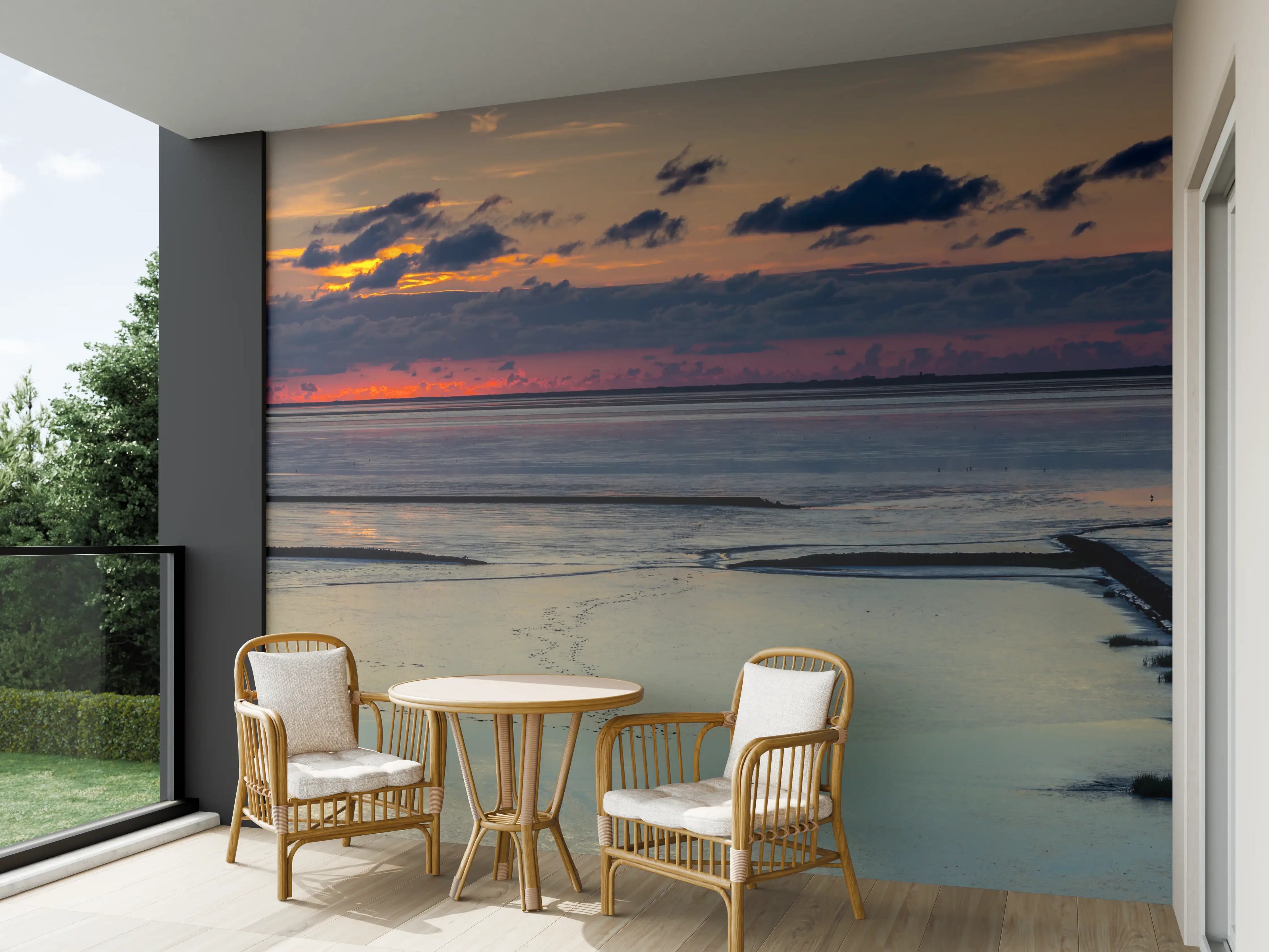 Wandverkleidung außen - Sonnenuntergang über dem Meer mit Landungsbrücken