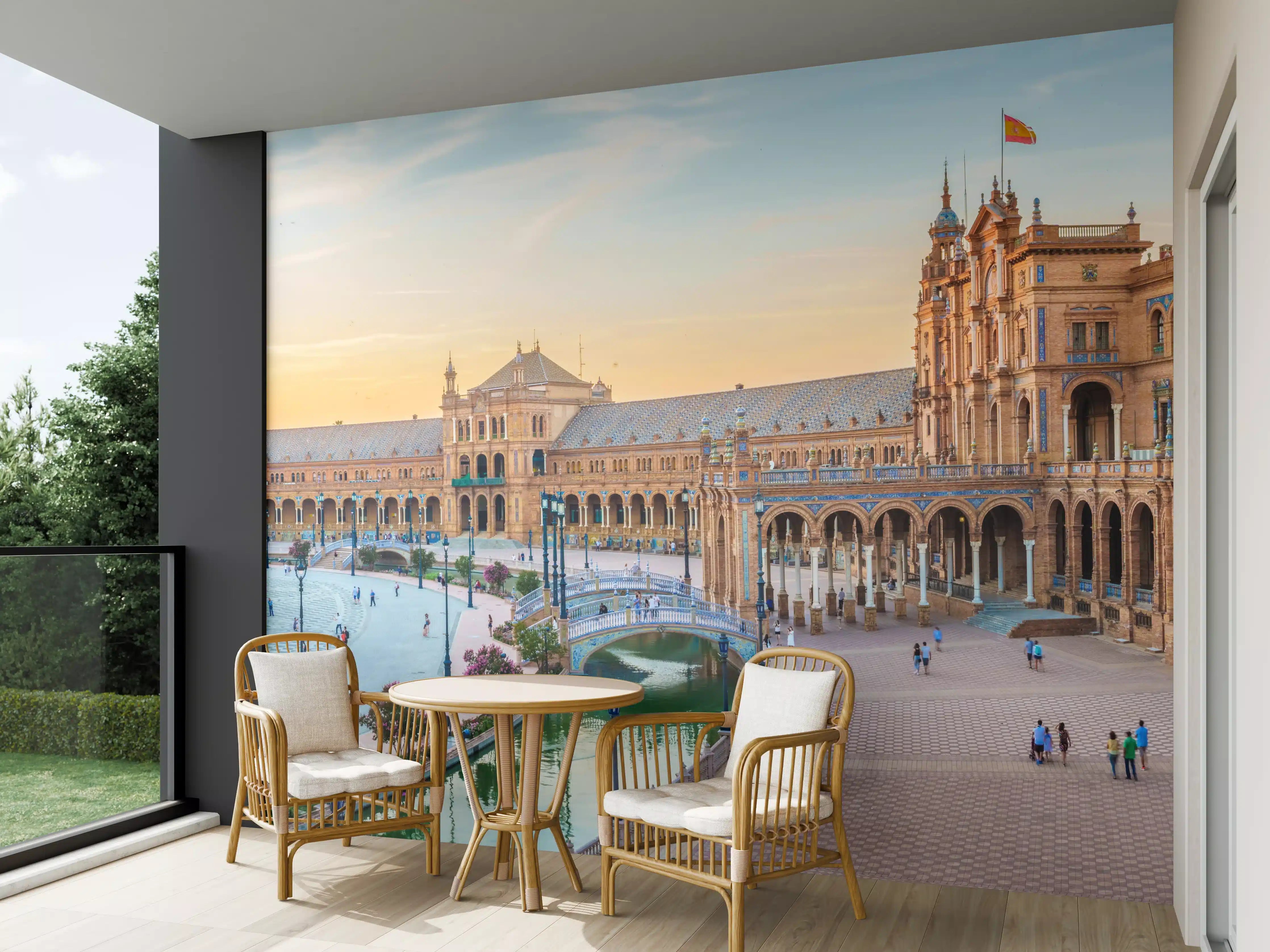 Wandverkleidung außen - Spanisches Platzpanorama bei Sonnenuntergang