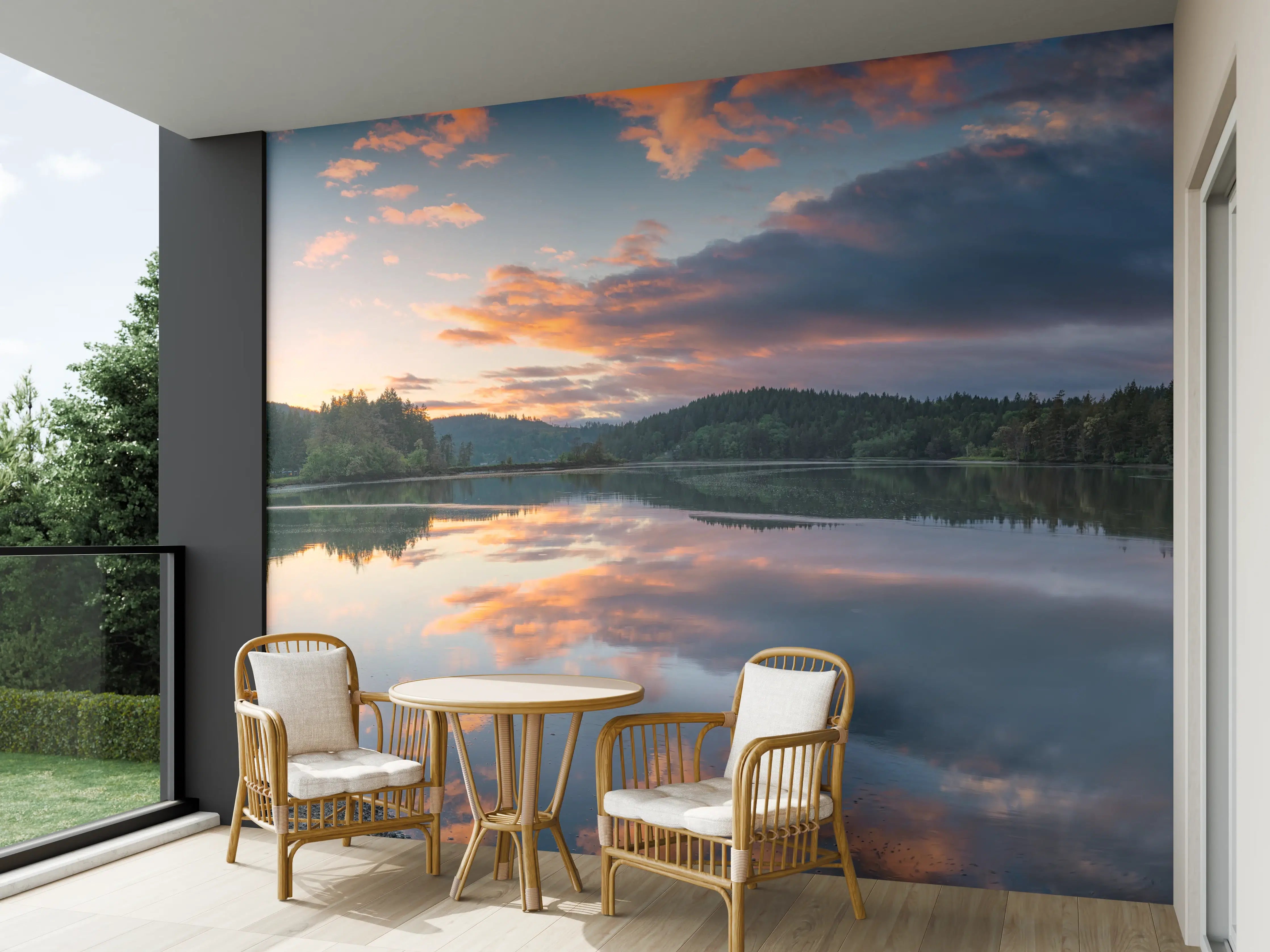 Wandverkleidung außen - Spiegelnder See im Sonnenuntergang