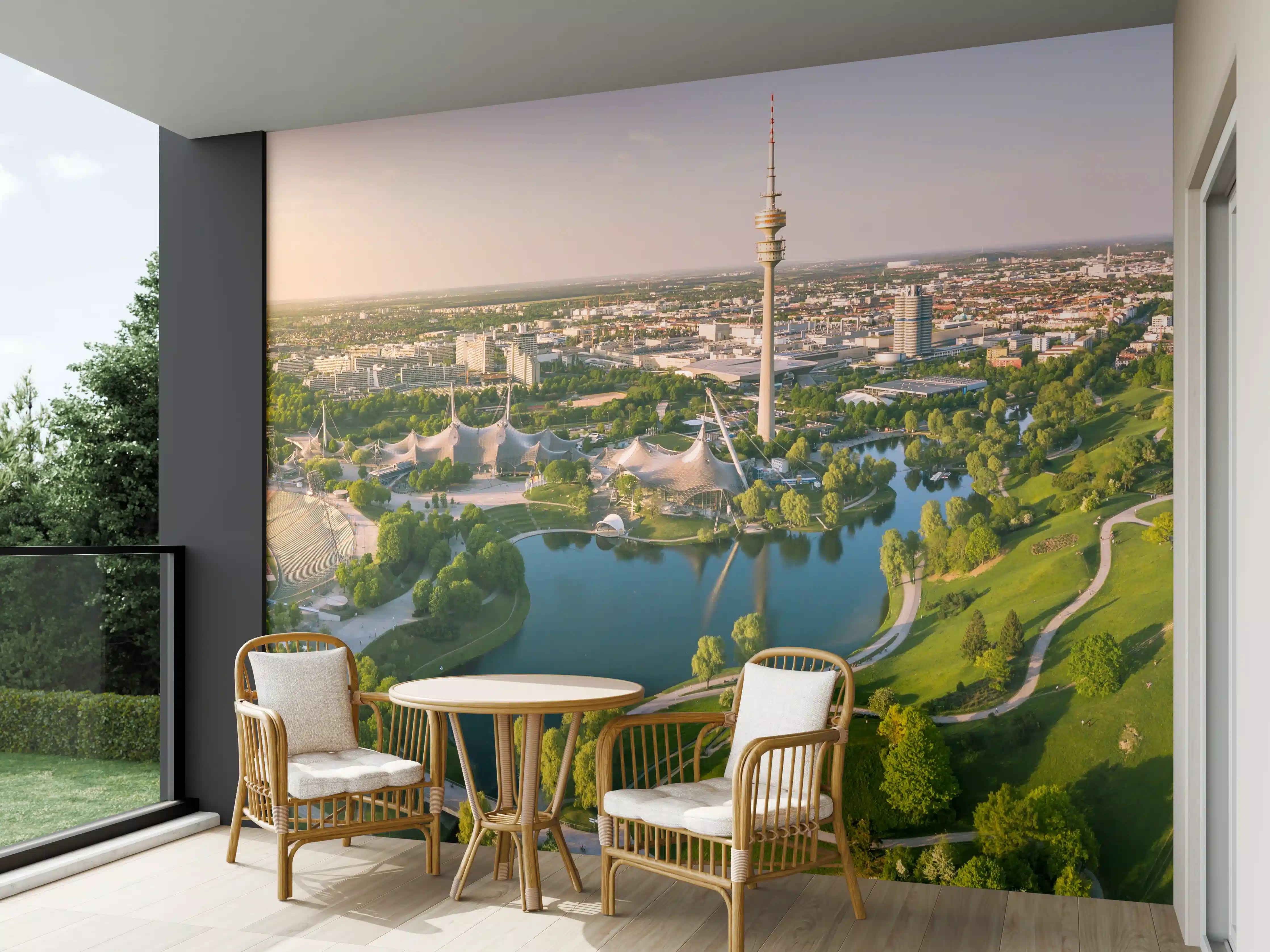 Wandverkleidung außen - Stadtpark mit Wasser und TV-Turm bei Sonnenuntergang