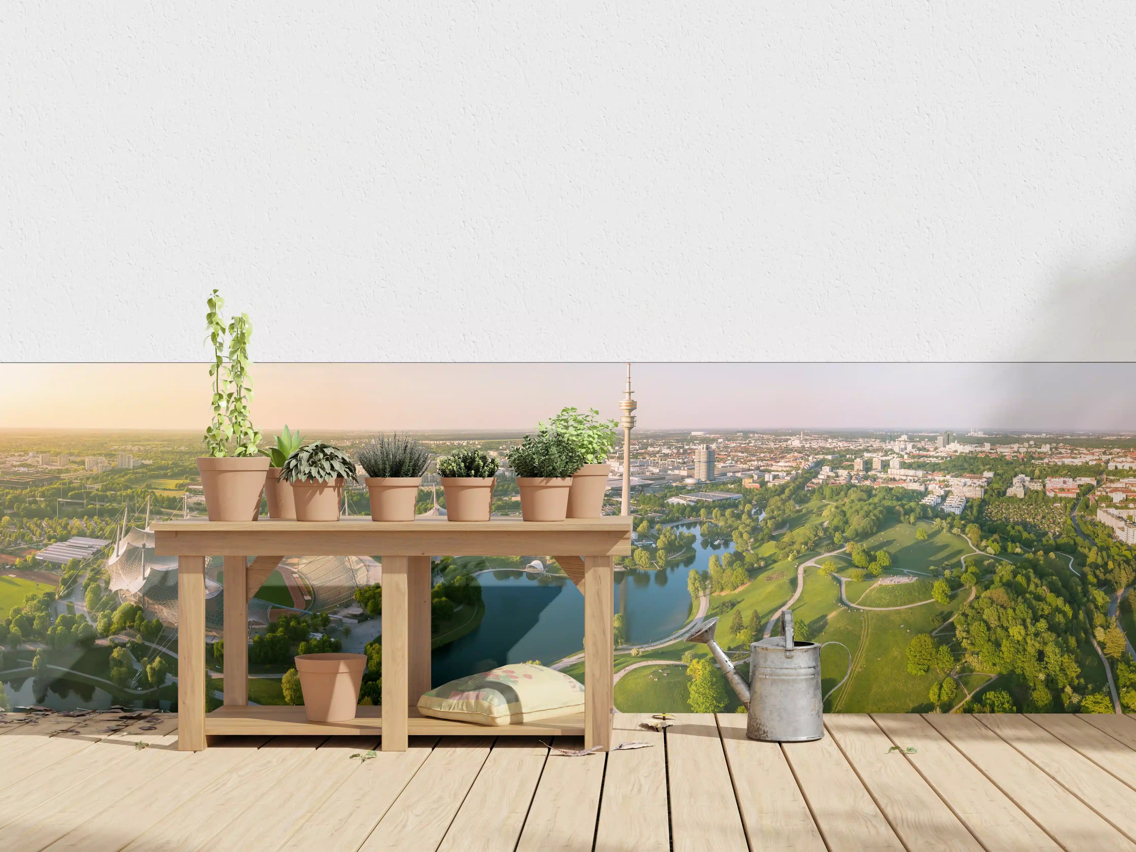 Wandverkleidung außen - Stadtpark mit Wasser und TV-Turm bei Sonnenuntergang