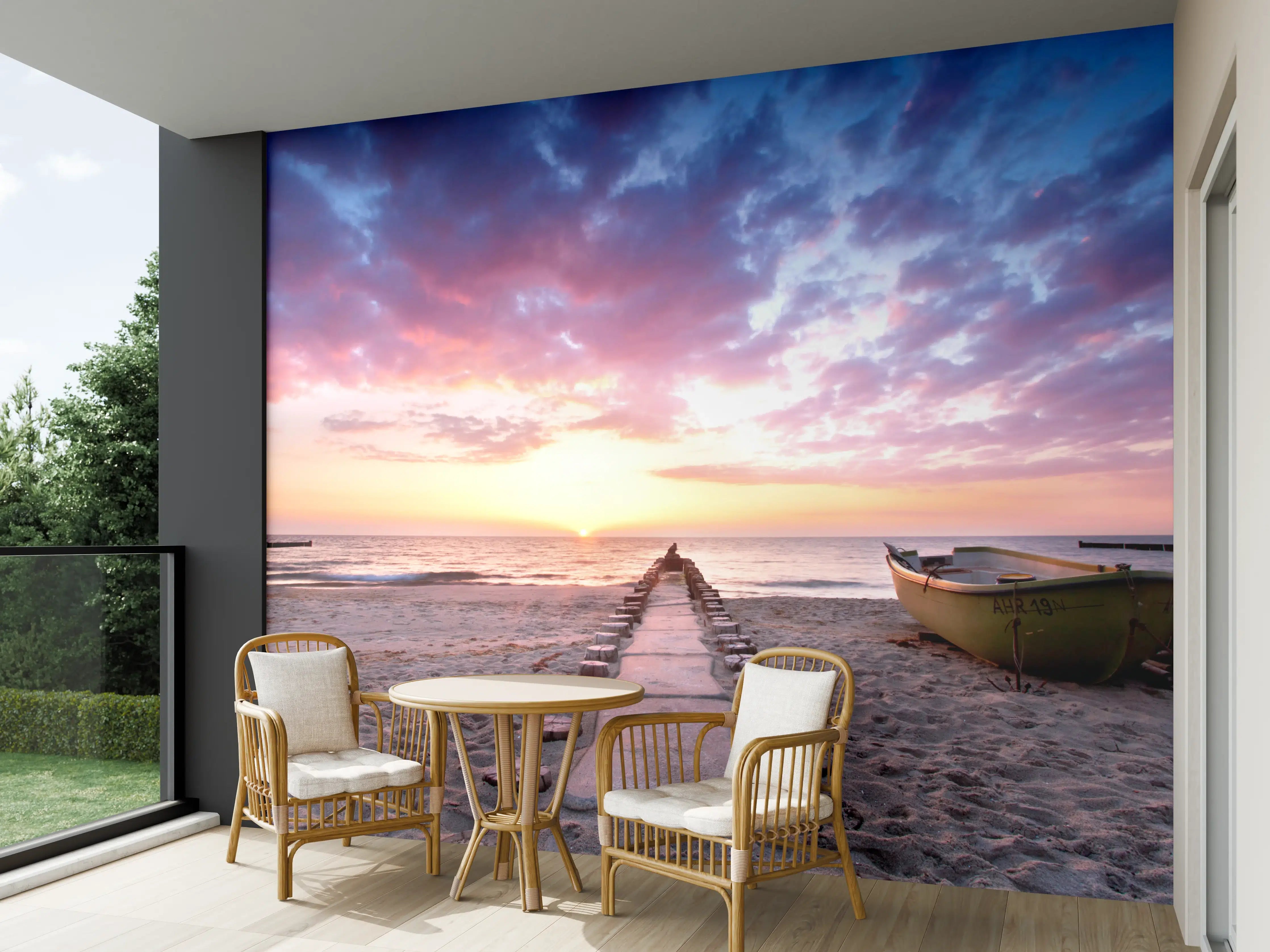 Wandverkleidung außen - Steg ins Meer bei Abendsonne