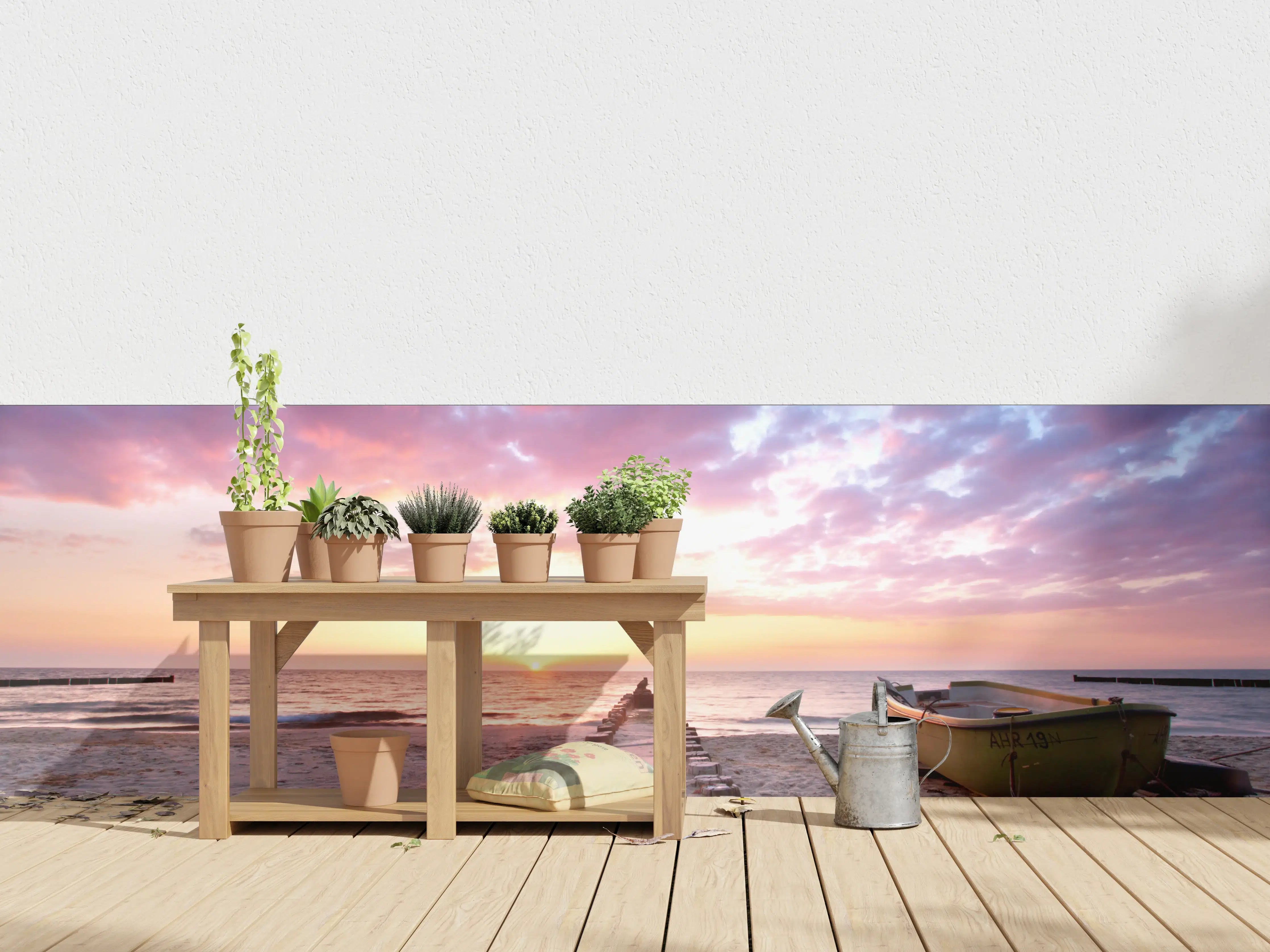 Wandverkleidung außen - Steg ins Meer bei Abendsonne