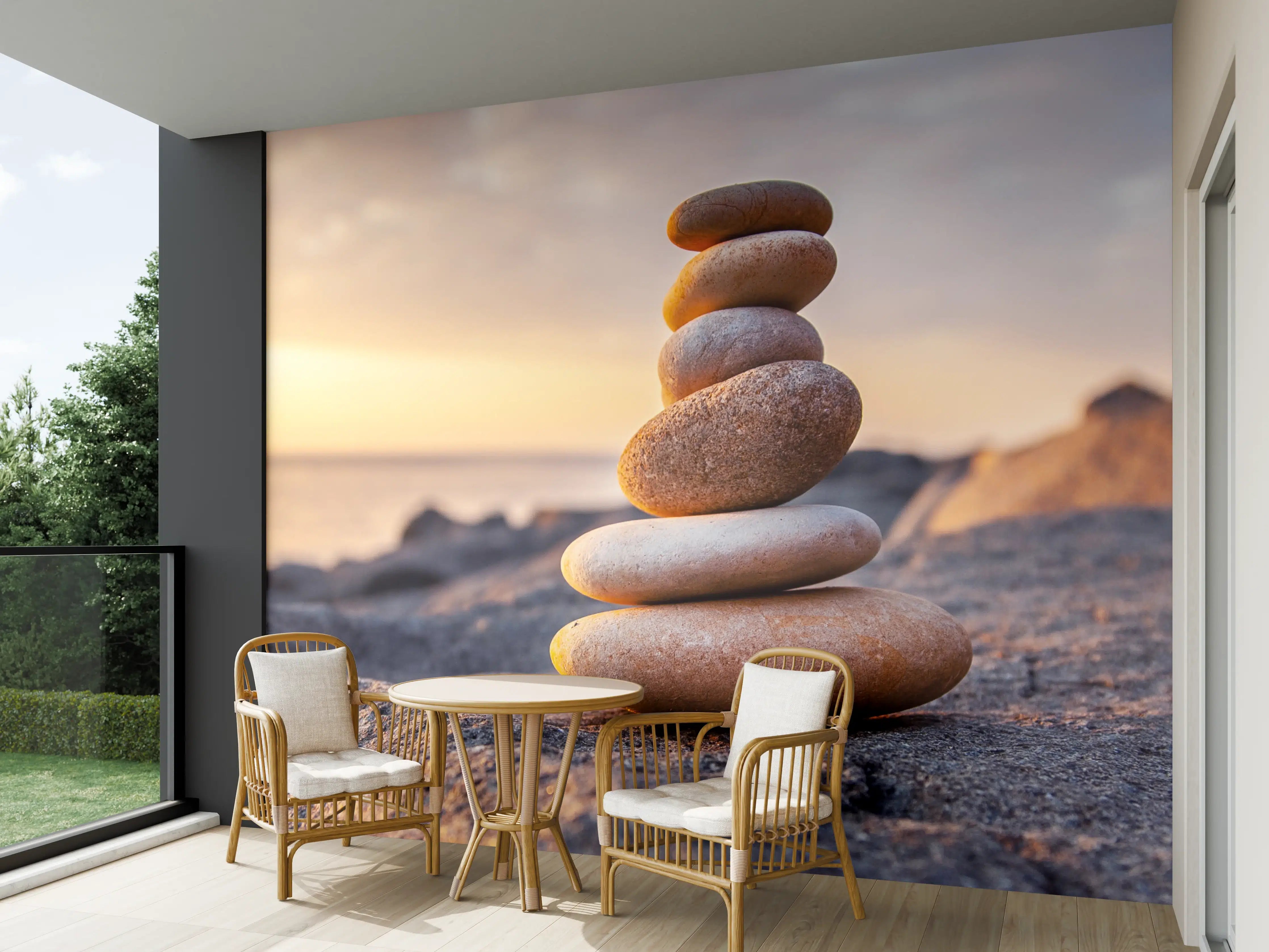 Wandverkleidung außen - Steinmotive am Meer bei Sonnenuntergang