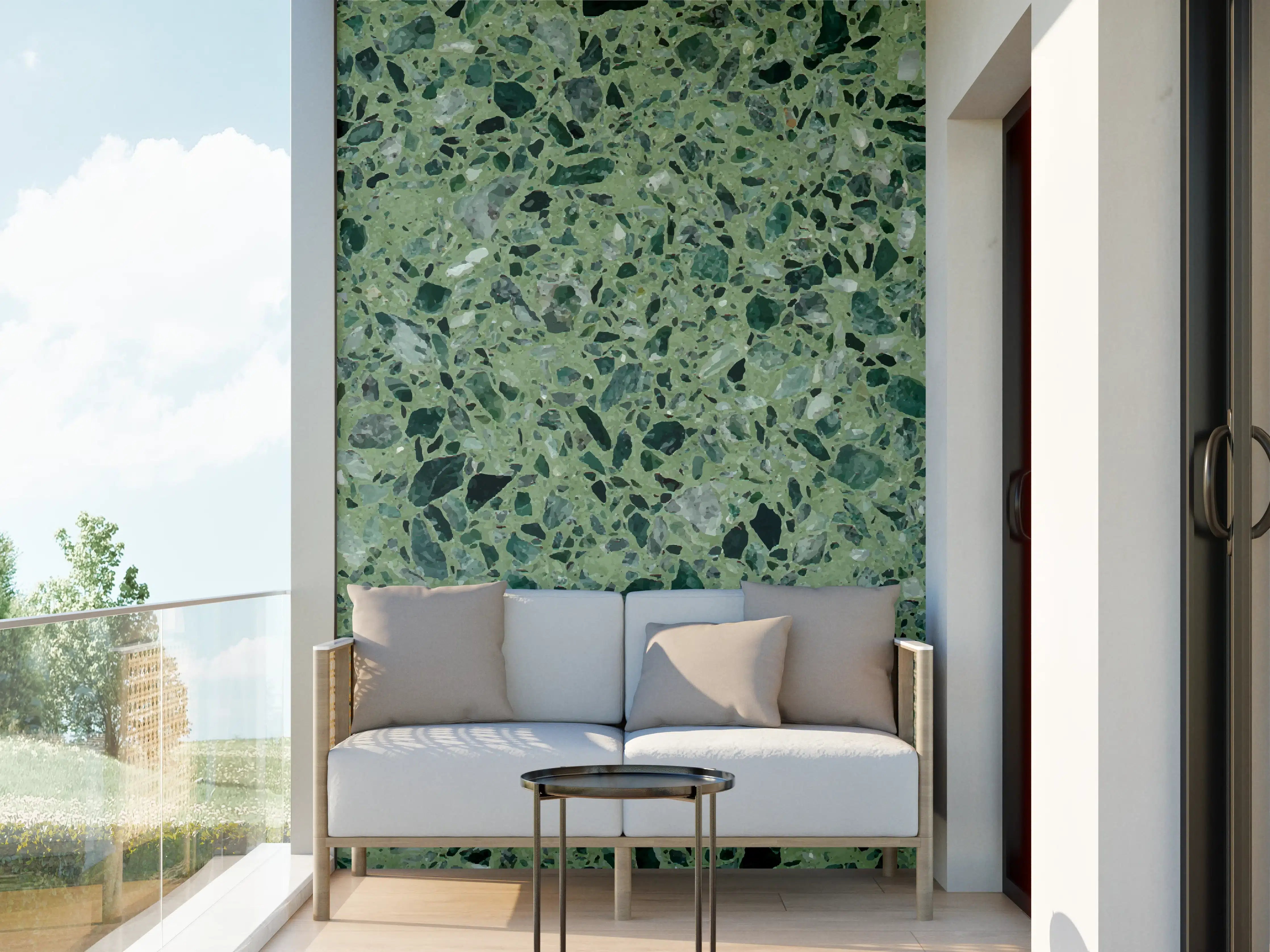 Wandverkleidung außen - Terrazzo Textur auf türkisem Hintergrund