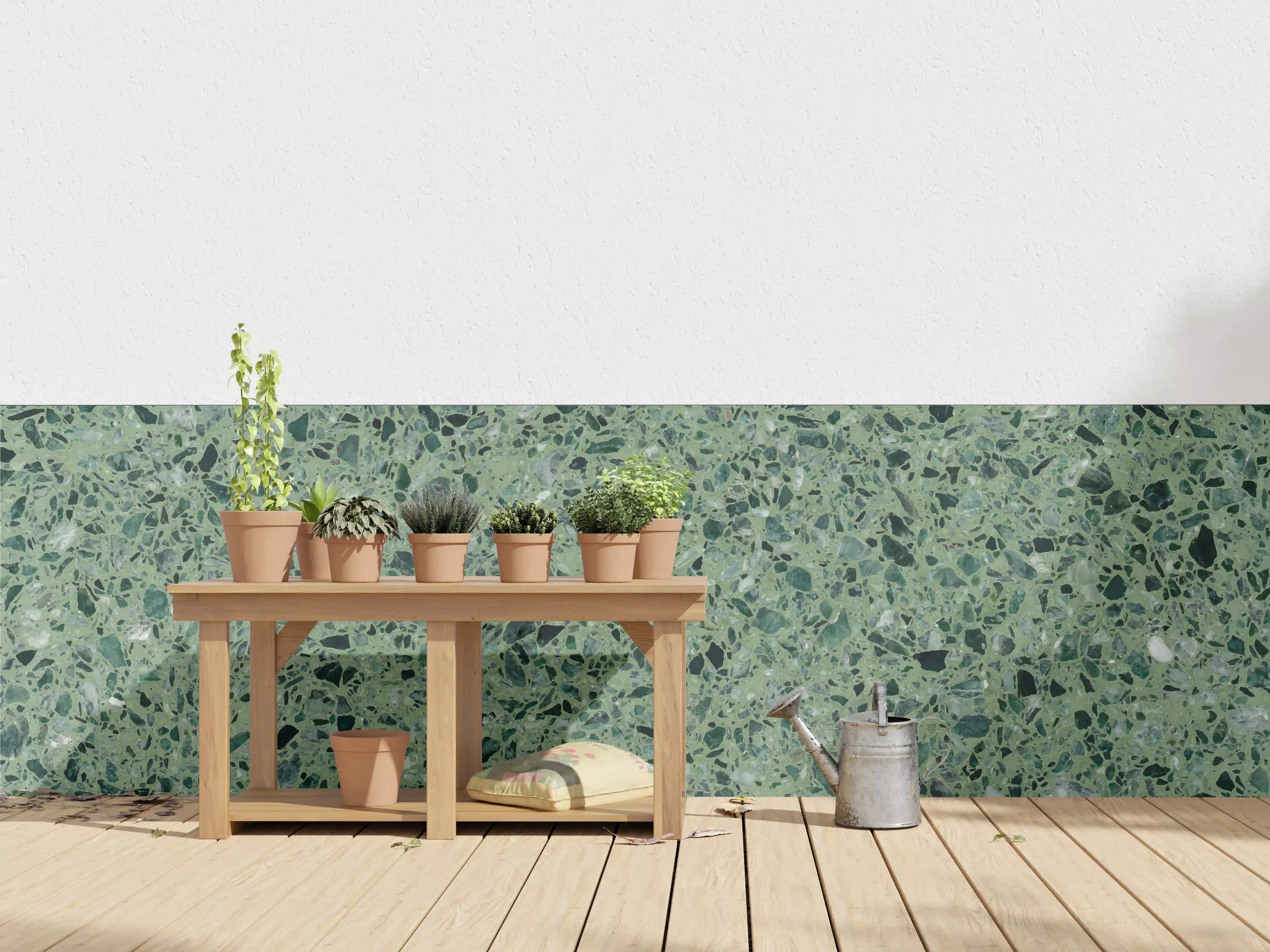 Wandverkleidung außen - Terrazzo Textur auf türkisem Hintergrund