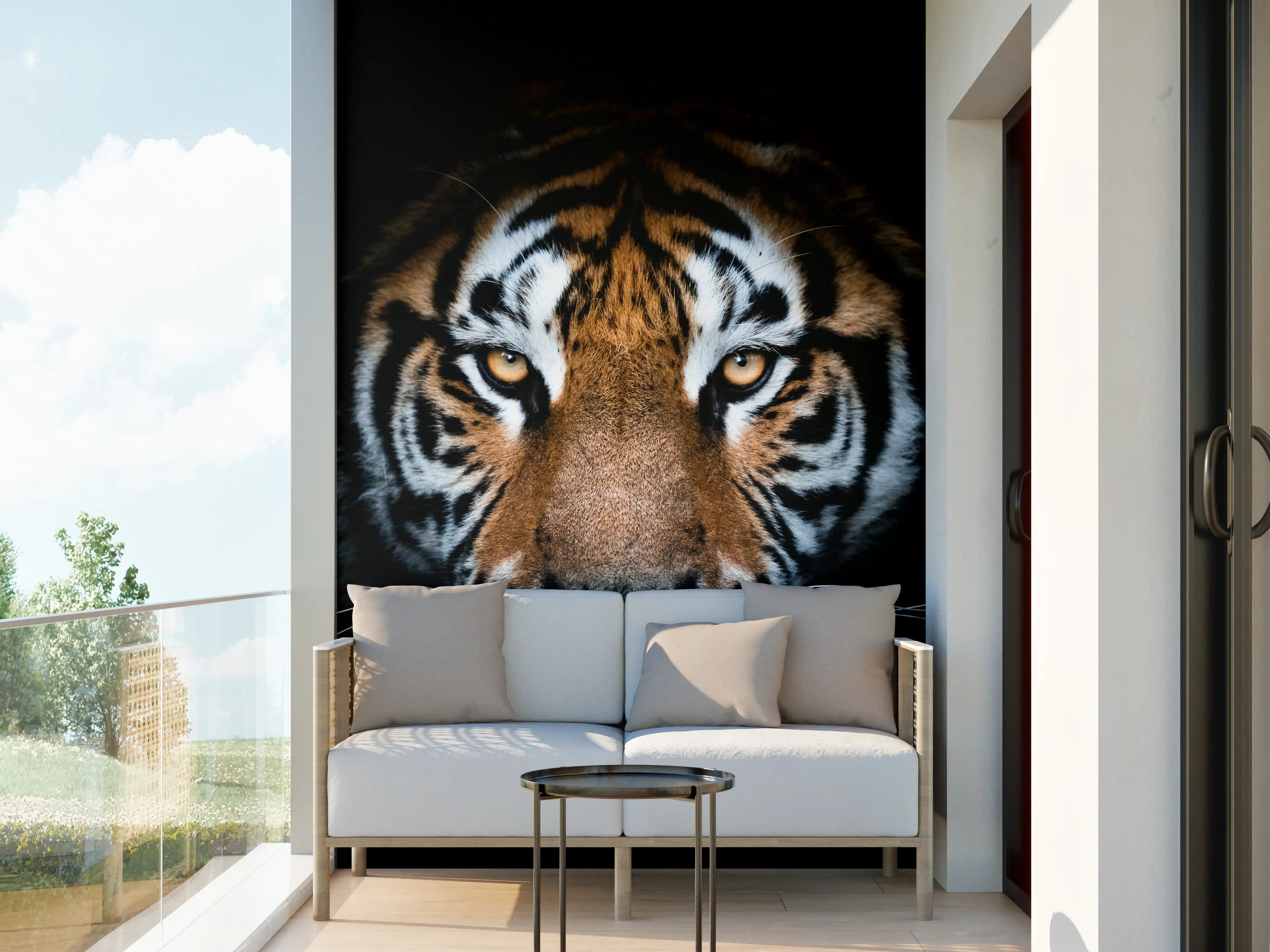 Wandverkleidung außen - Tiger-Portrait Schwarzer Hintergrund
