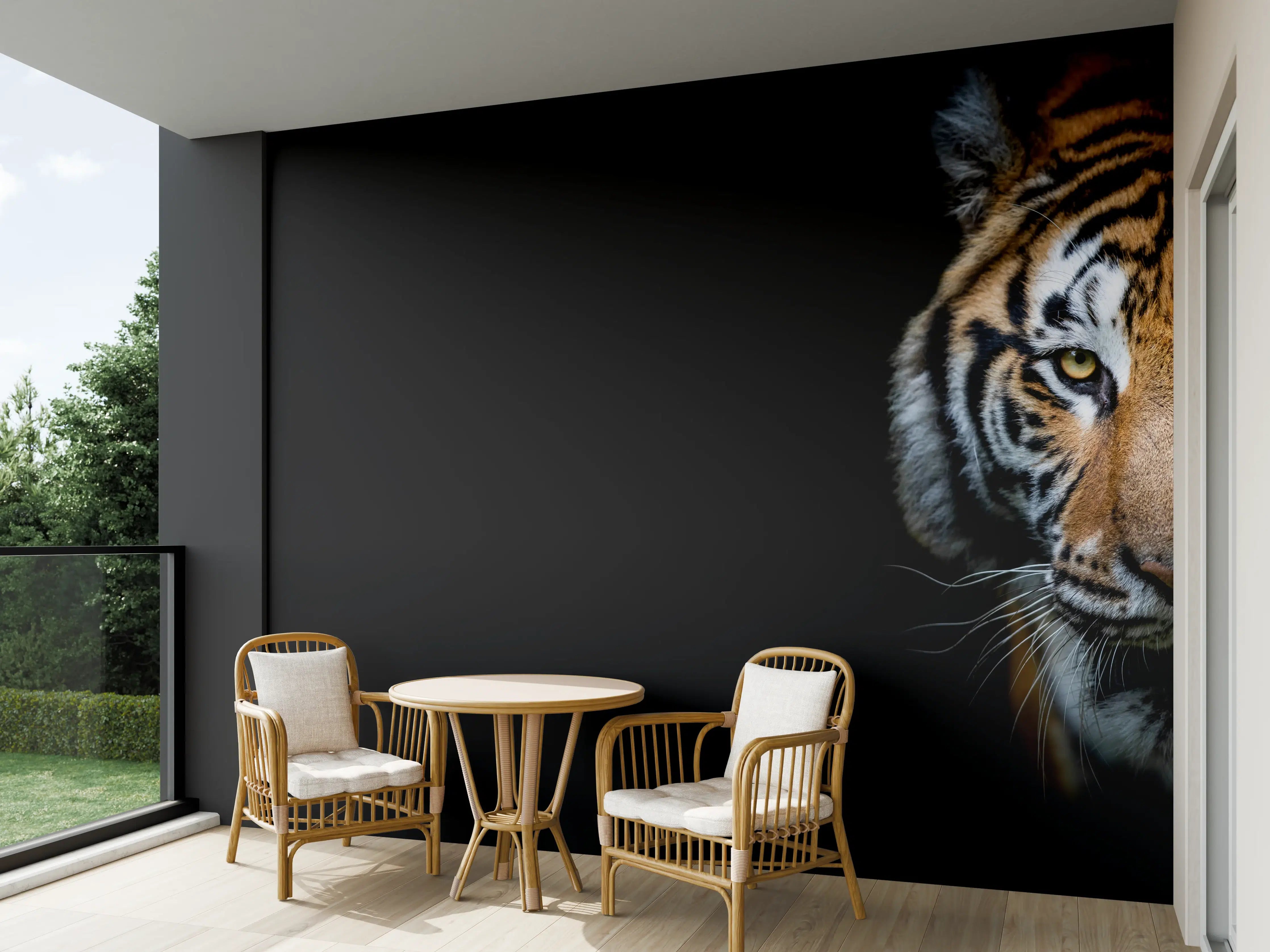 Wandverkleidung außen - Tiger auf schwarzem Hintergrund