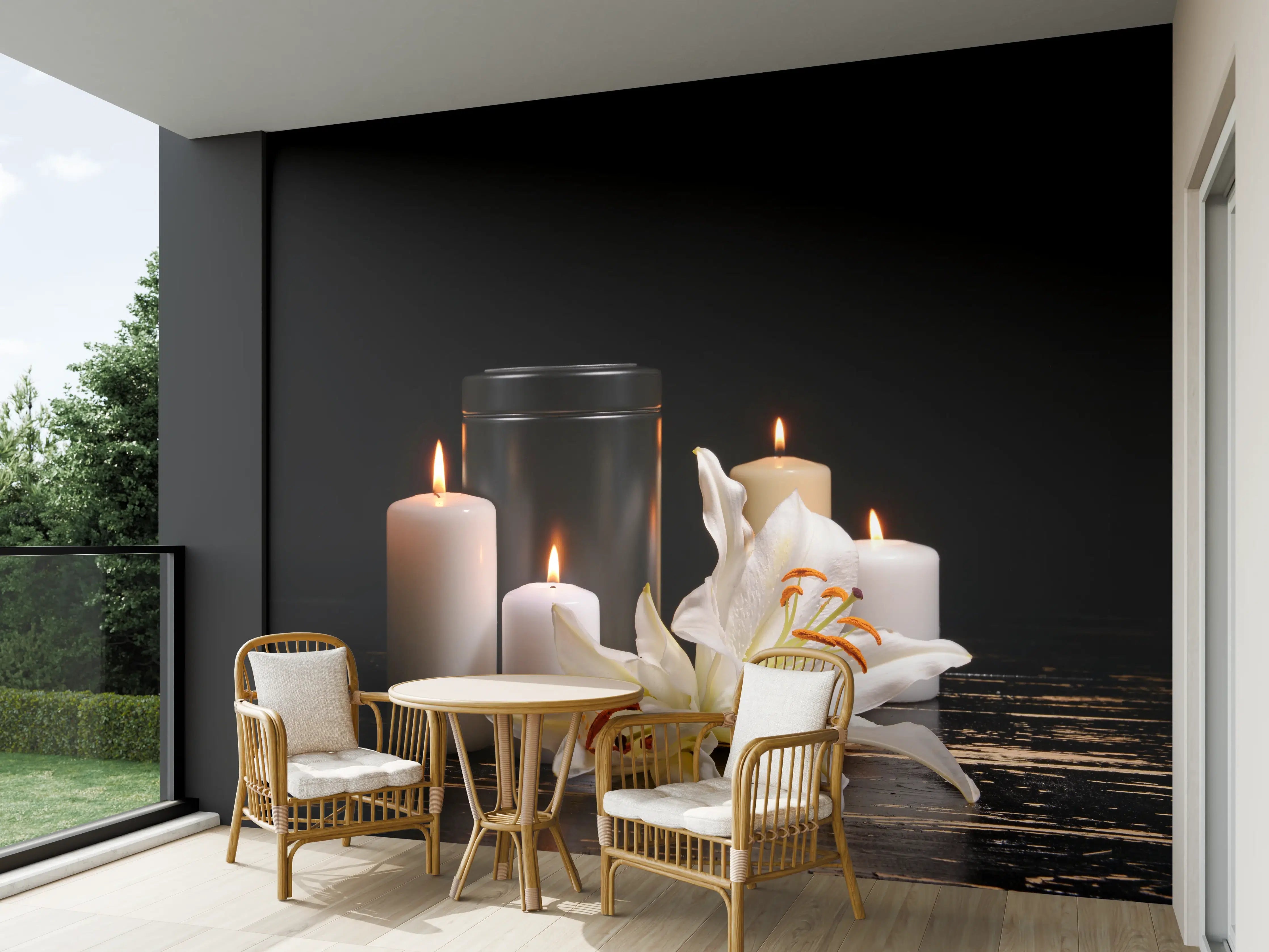 Wandverkleidung außen - Totenurne mit Kerzen und Blume