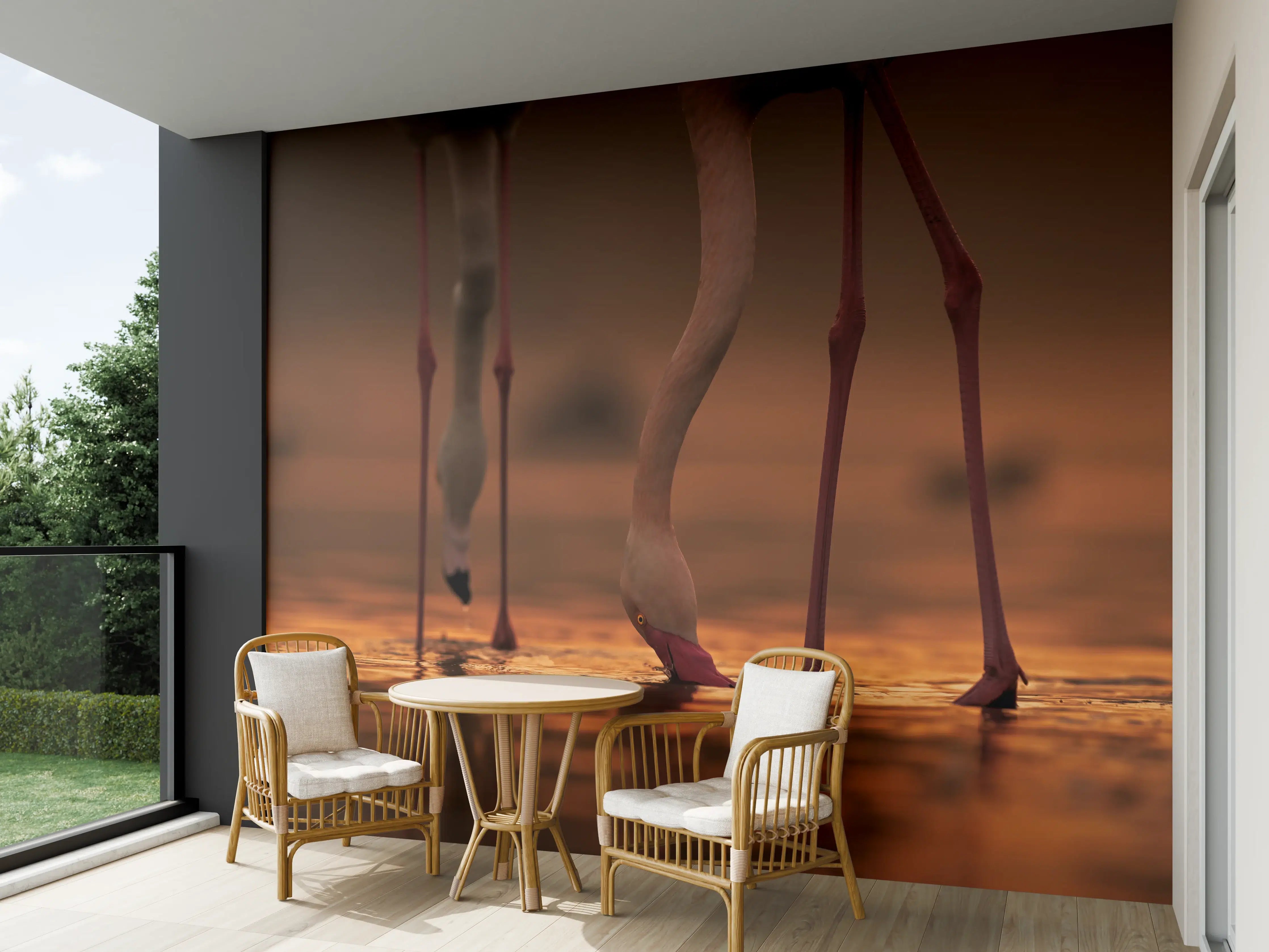 Wandverkleidung außen - Trinkende Flamingos