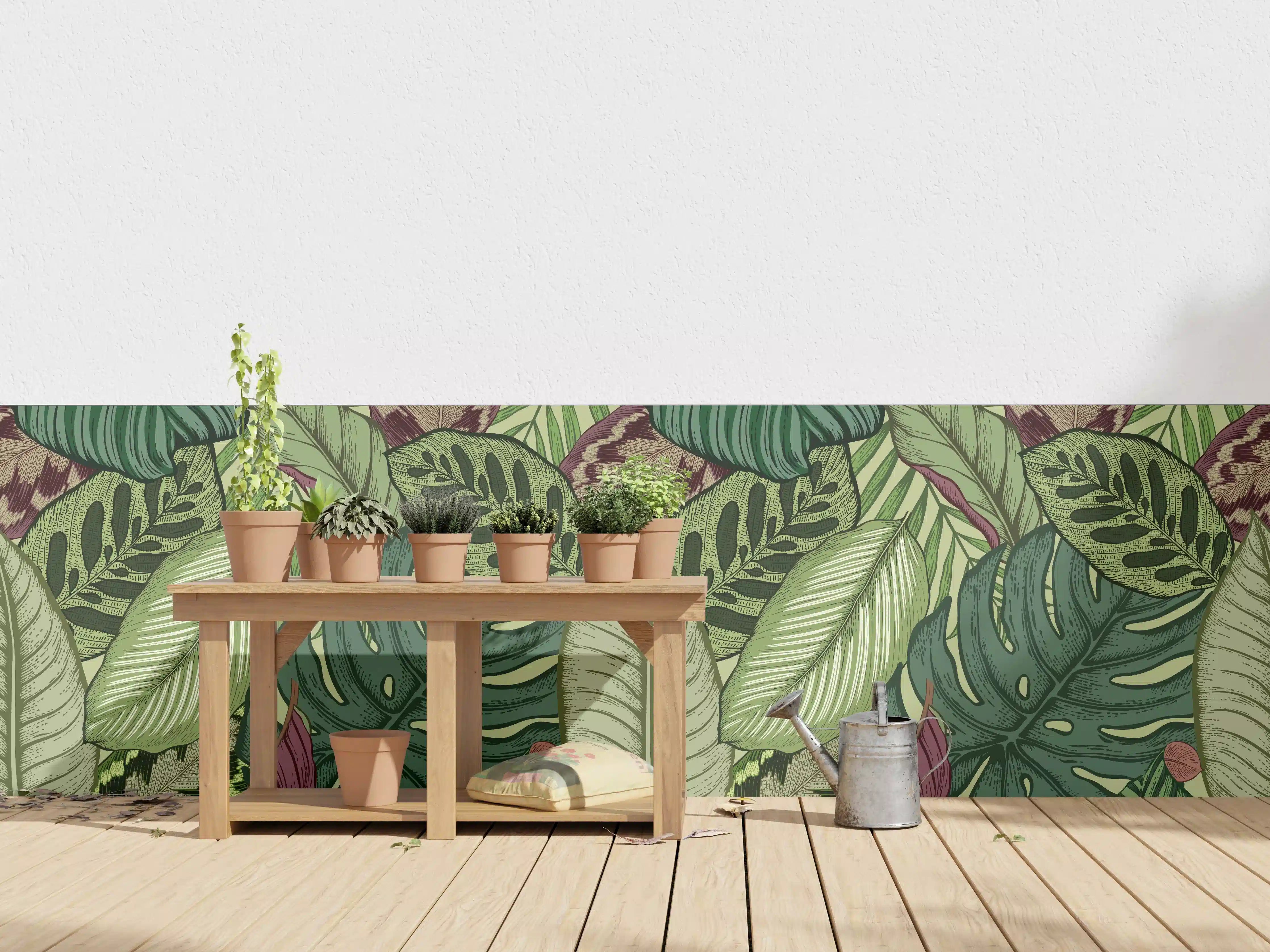 Wandverkleidung außen - Tropische Blätter Grün-Beige