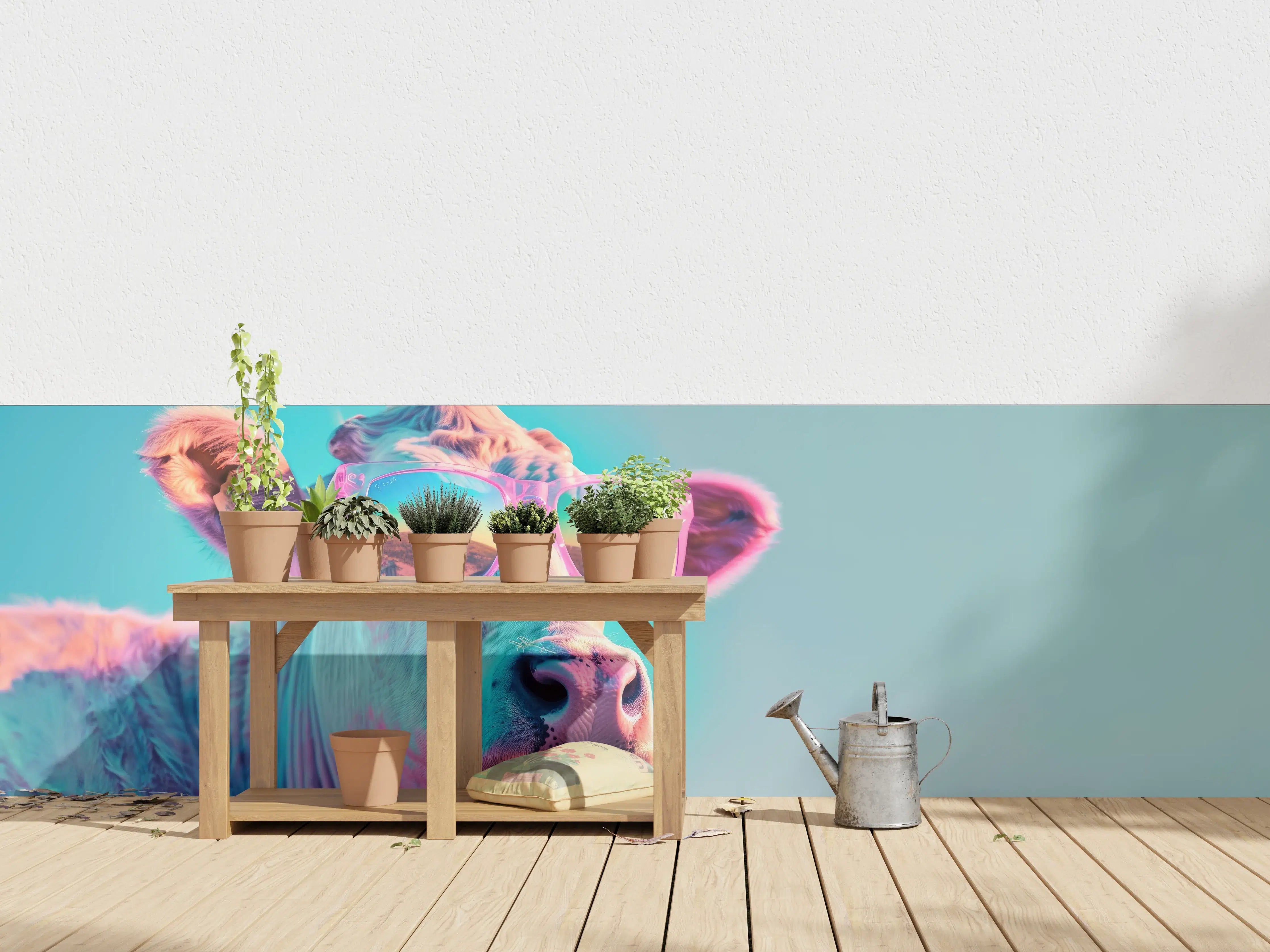 Wandverkleidung außen - Türkis-Pastell-Kuh mit Sonnenbrille