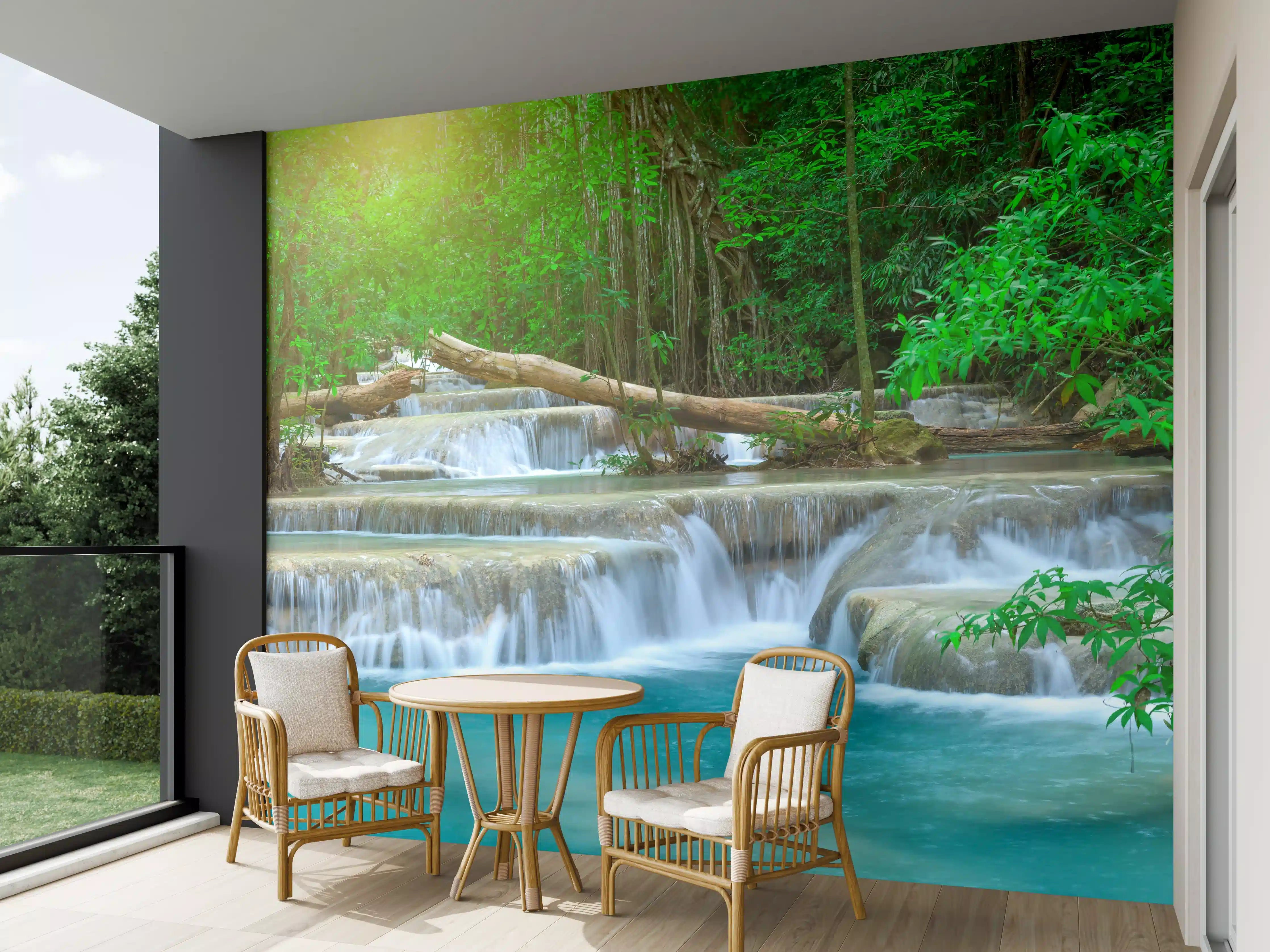 Wandverkleidung außen - Türkis-Wasserfall im grünen Wald