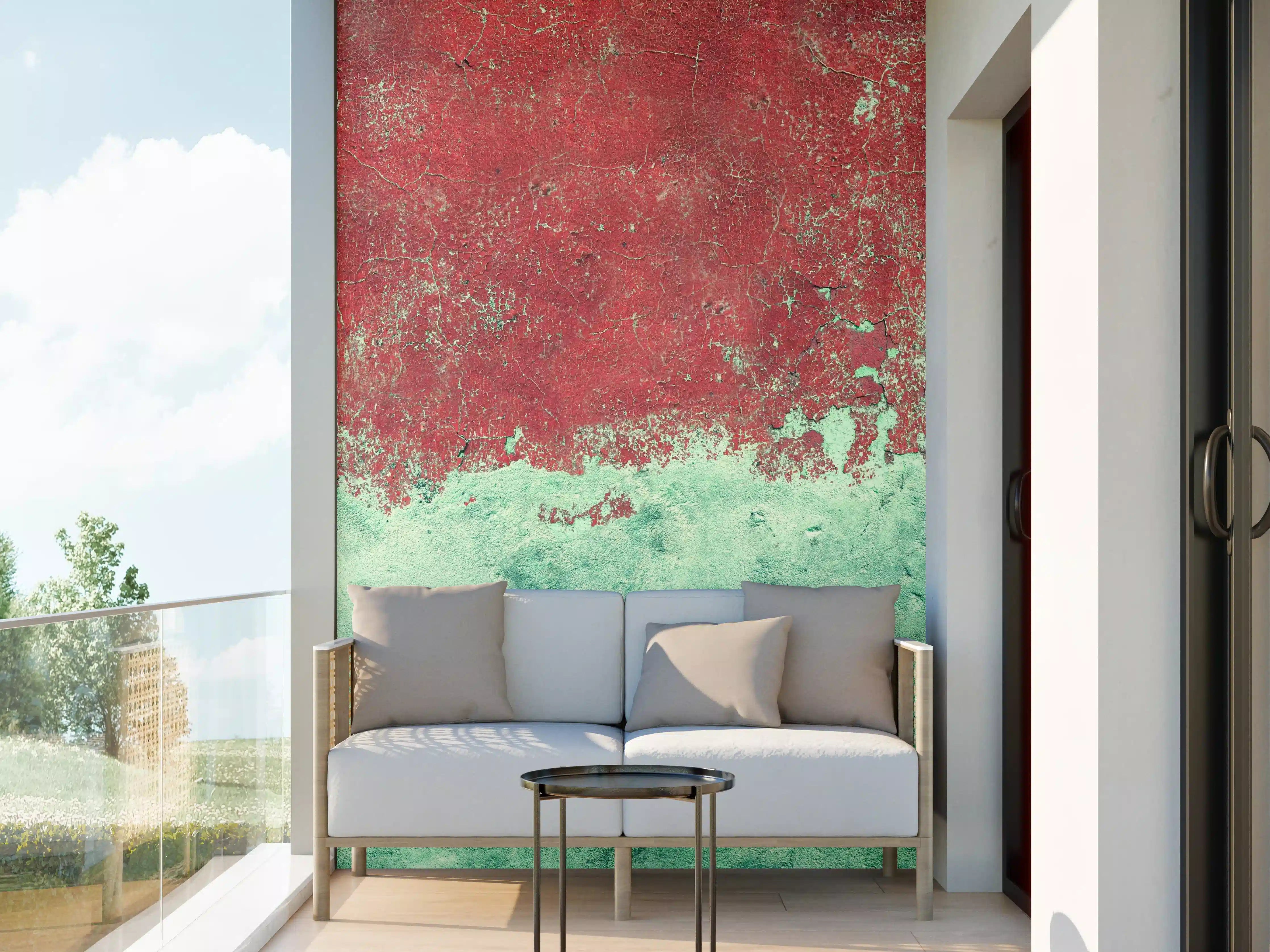 Wandverkleidung außen - Türkis-rote Wand im Grunge-Stil