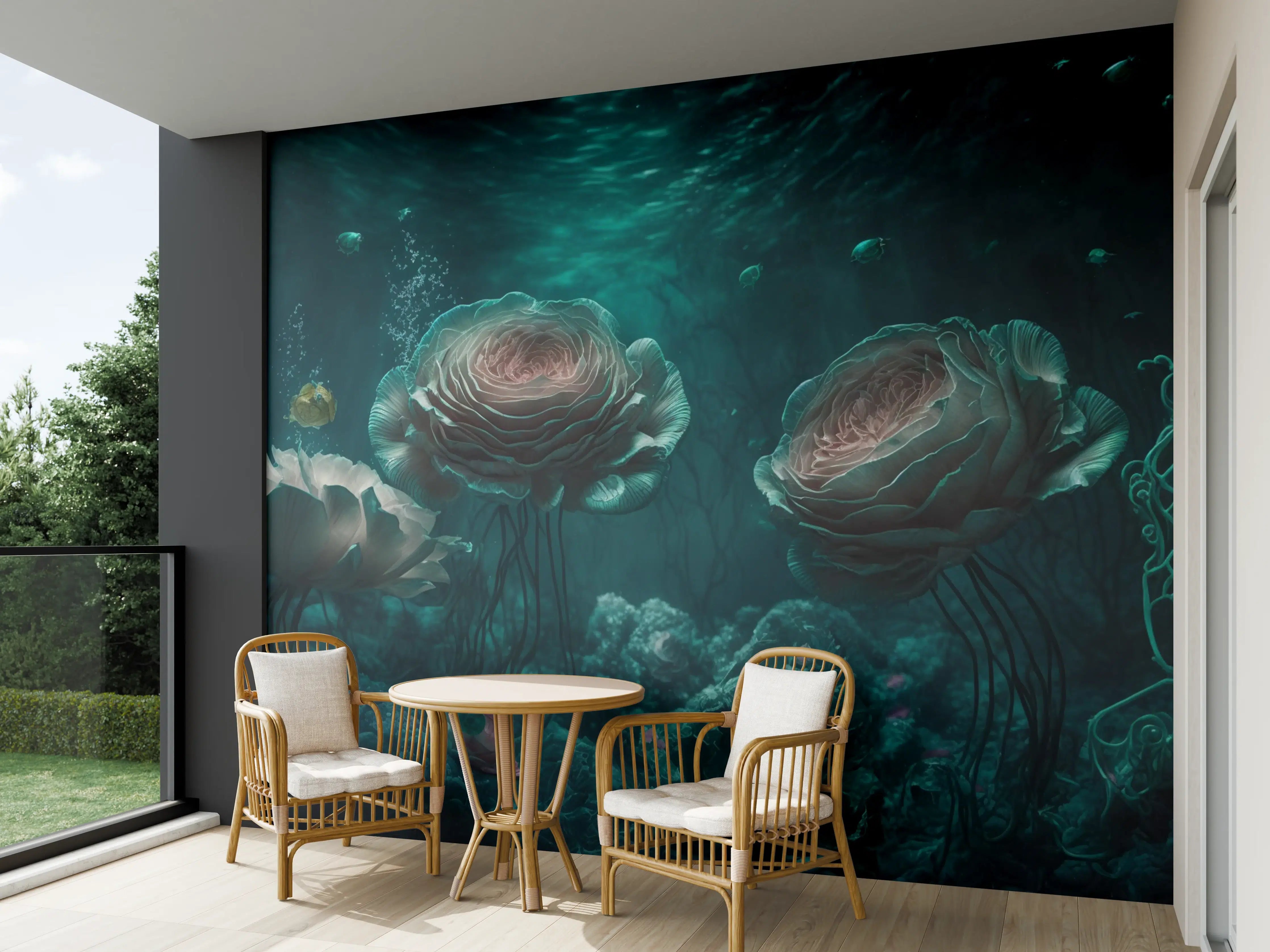 Wandverkleidung außen - Unterwasserlandschaft mit Leuchtnetzen und Meeresbewohnern