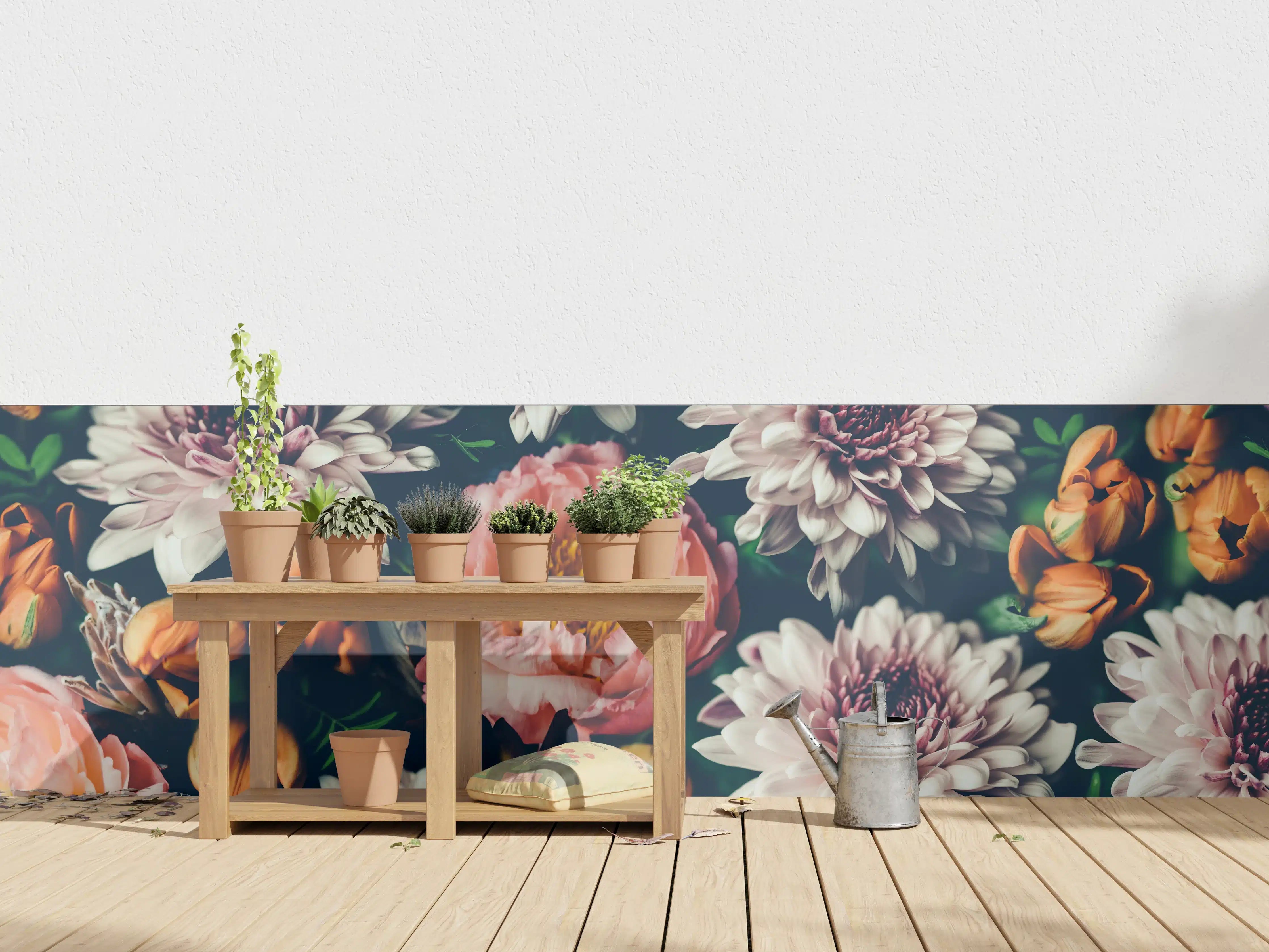 Wandverkleidung außen - Vielfalt bunter Blumen auf dunklem Hintergrund