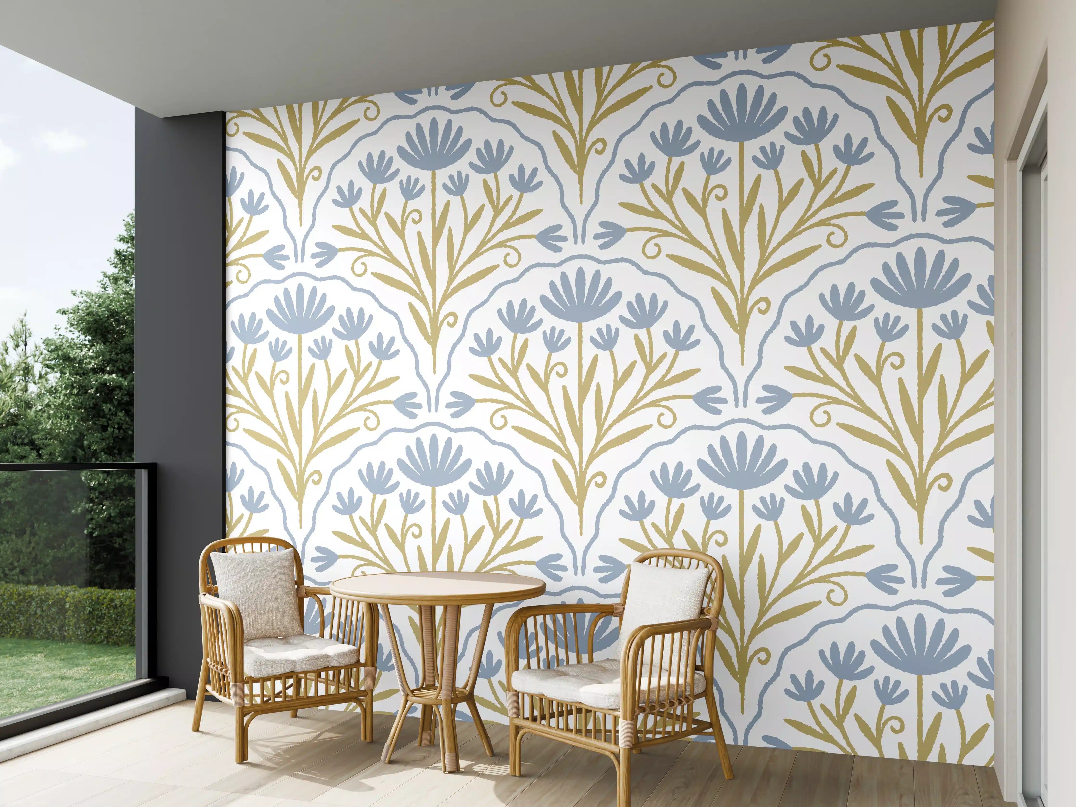 Wandverkleidung außen - Vintage Bloom Tapete Blau-Weiß