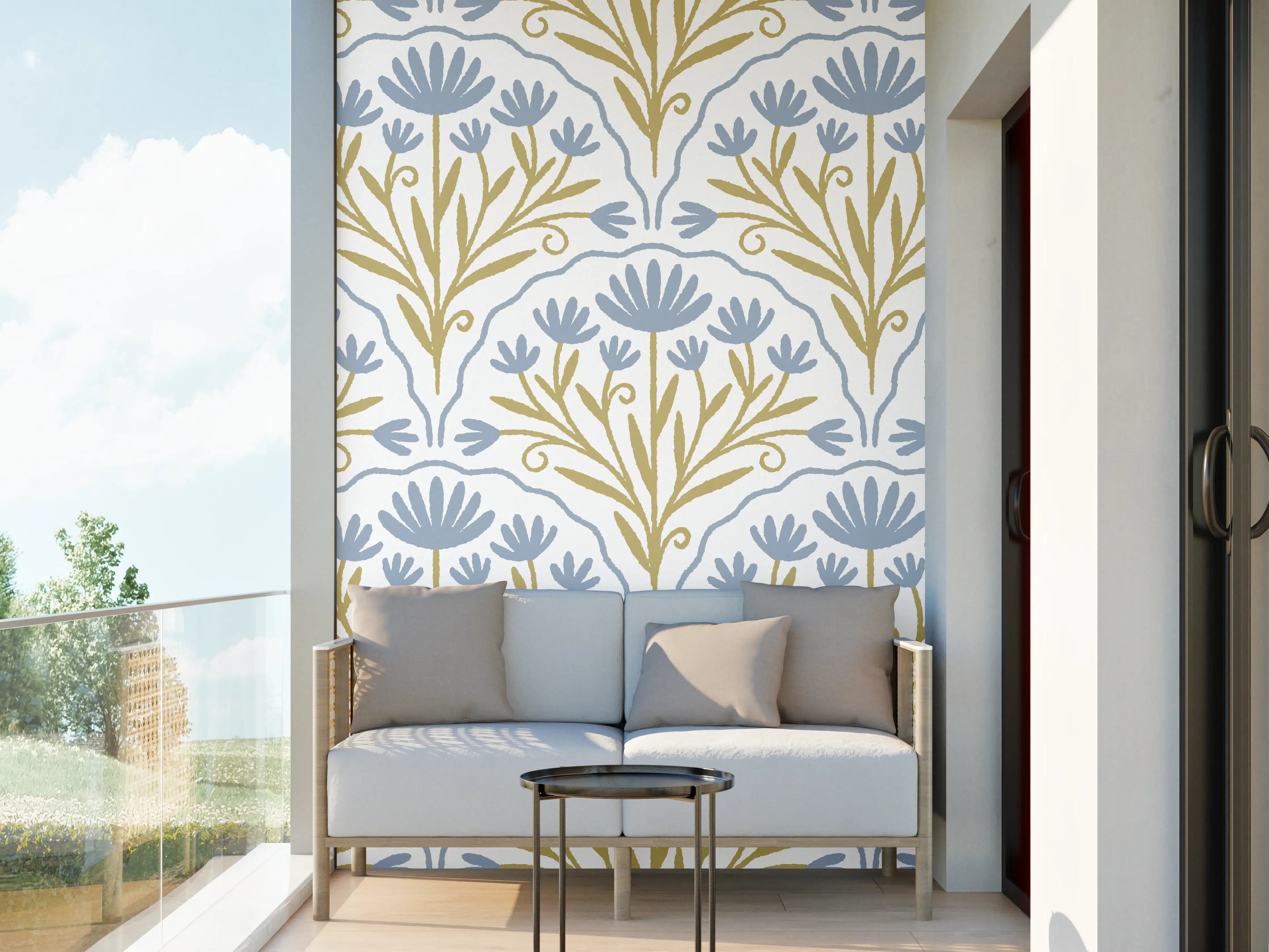 Wandverkleidung außen - Vintage Bloom Tapete Blau-Weiß
