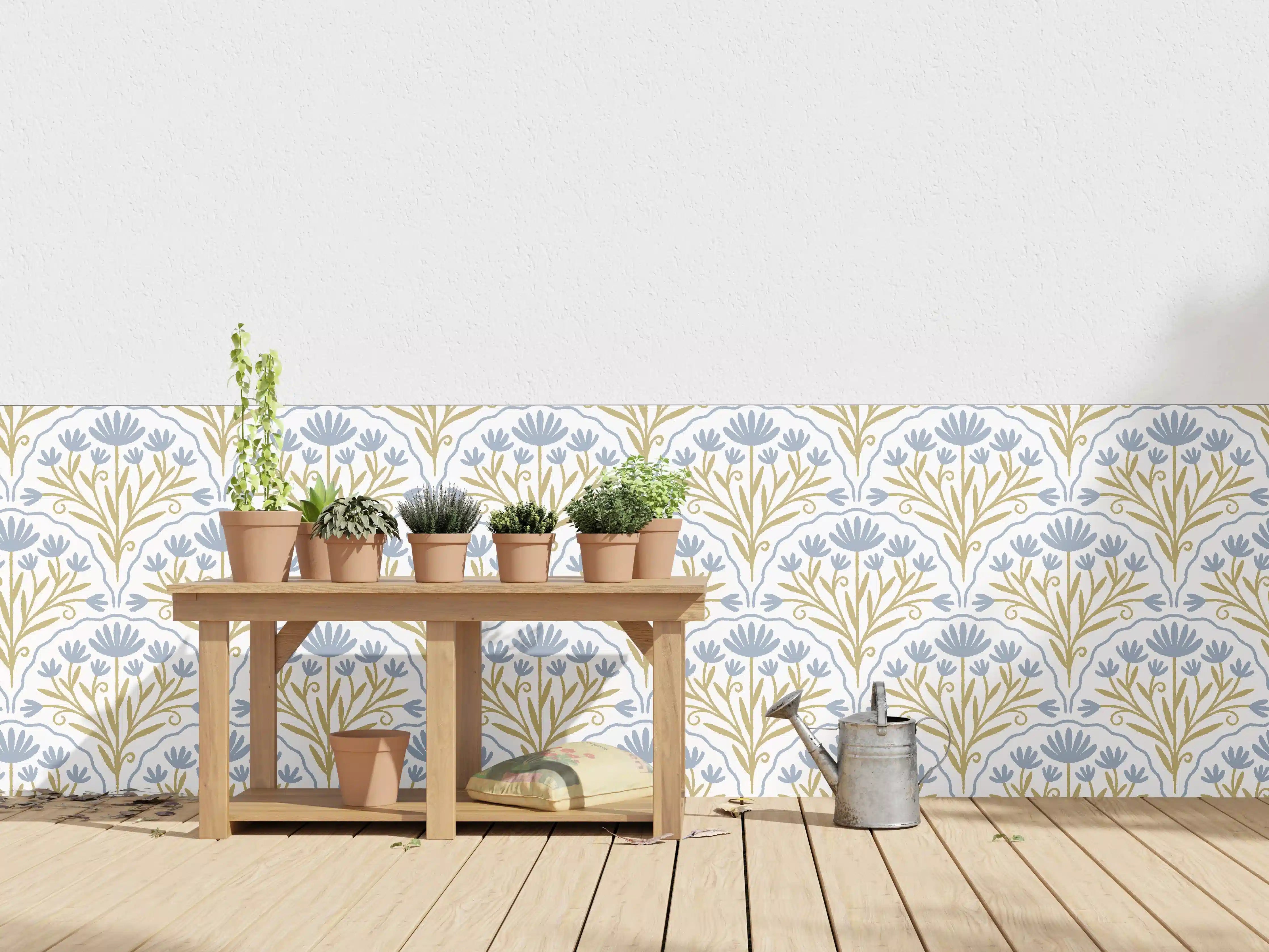 Wandverkleidung außen - Vintage Bloom Tapete Blau-Weiß