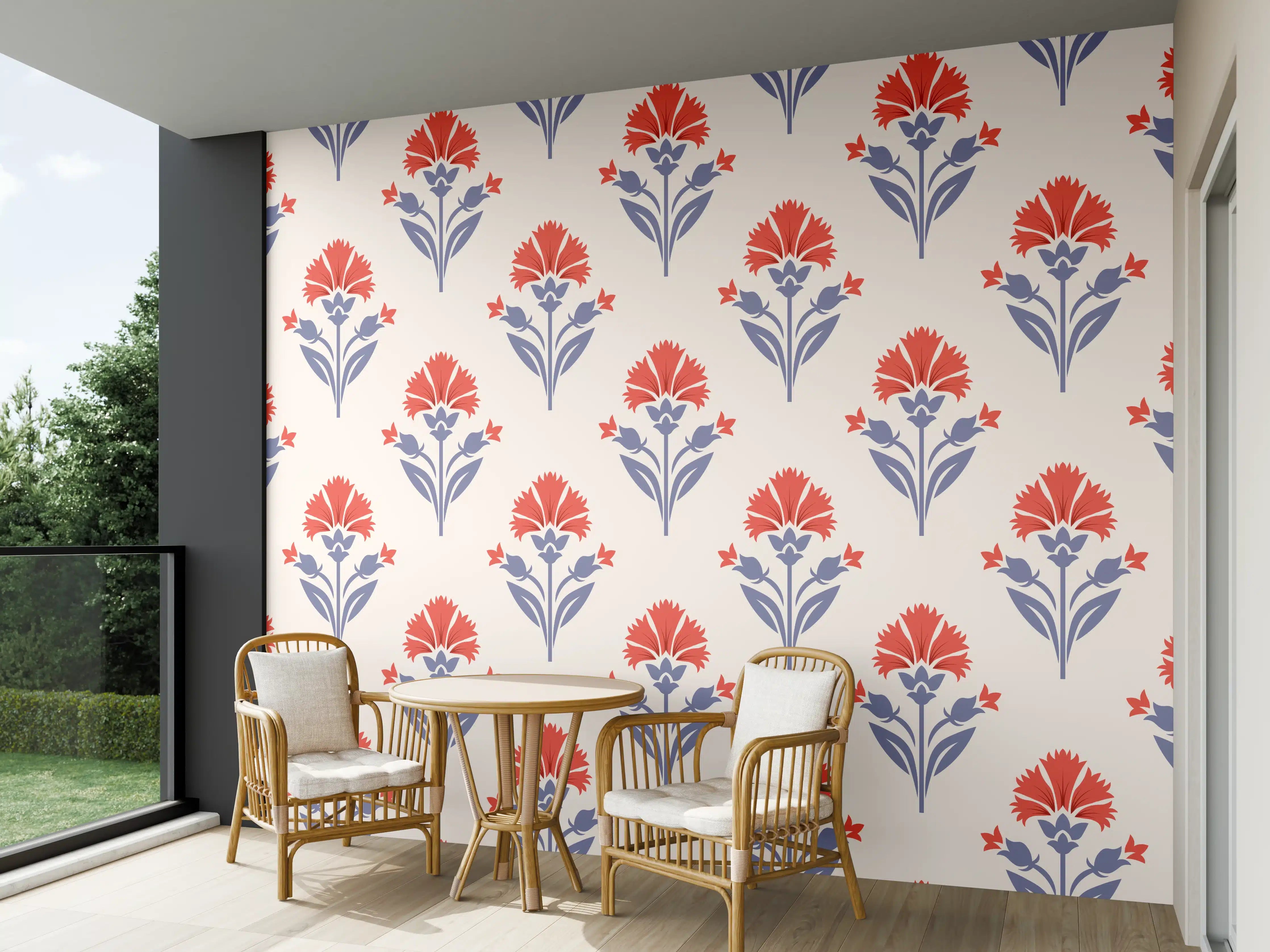 Wandverkleidung außen - Vintage Blumen Tapete Beige-Rot