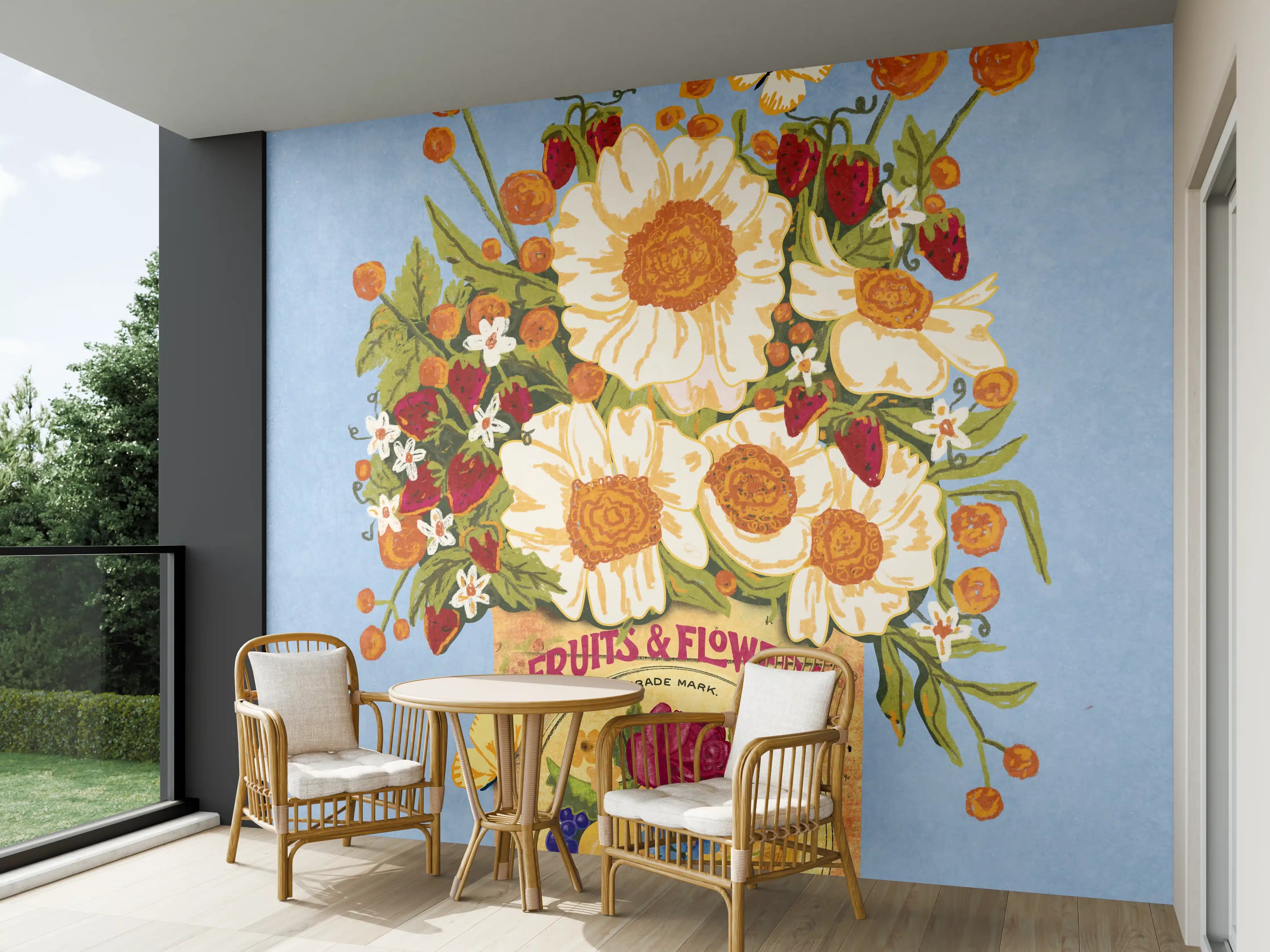Wandverkleidung außen - Vintage Blumenillustration Bunt