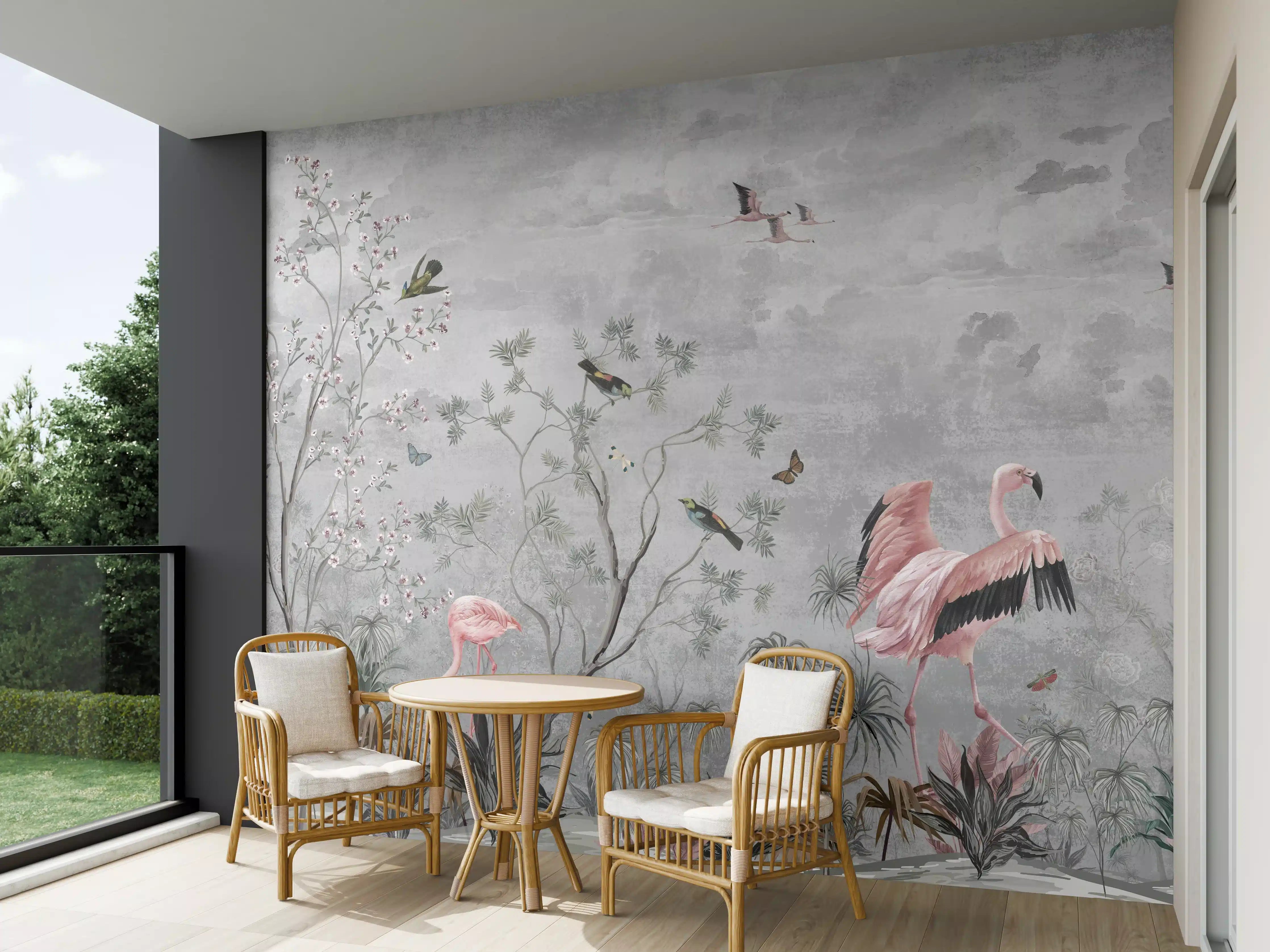 Wandverkleidung außen - Vintage Dschungel Flamingo Tapete